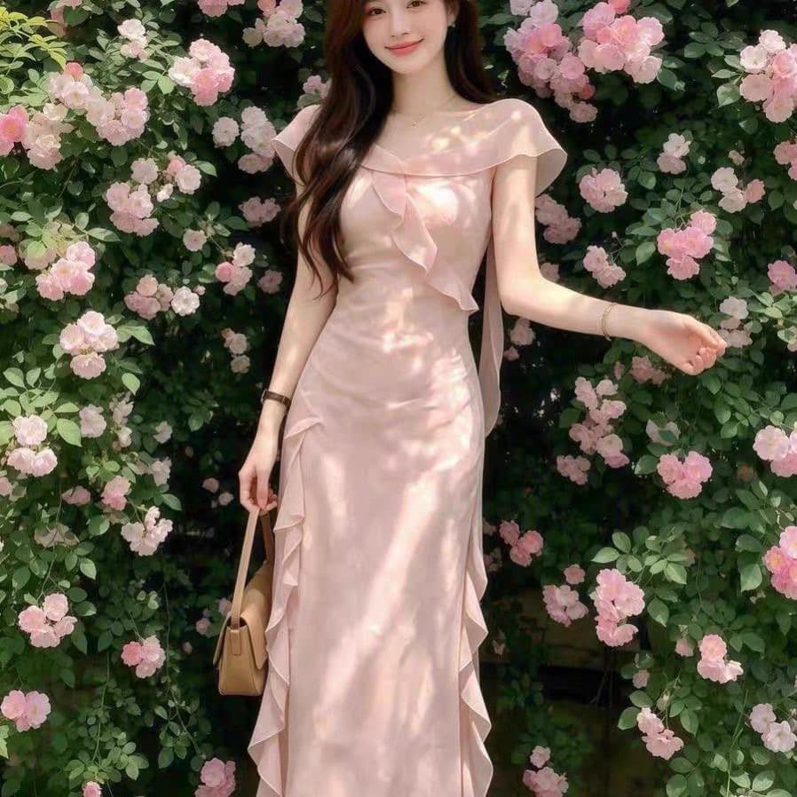 부드러운 달콤한 자매 핑크색 레이스 드레스 롱 스커트 있음 안감 뒤에 지퍼 상세 이미지 5