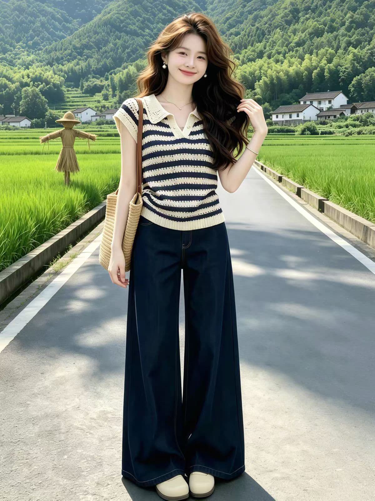 고급 센스 스트라이프 POLO 칼라 Feifei 소매 짠 셔츠 여성 여름 한국 스타일 홀로우 아웃 몸매 가꾸기 슬림해 보이는 다용도 연령 감소 맨위 이미지 2
