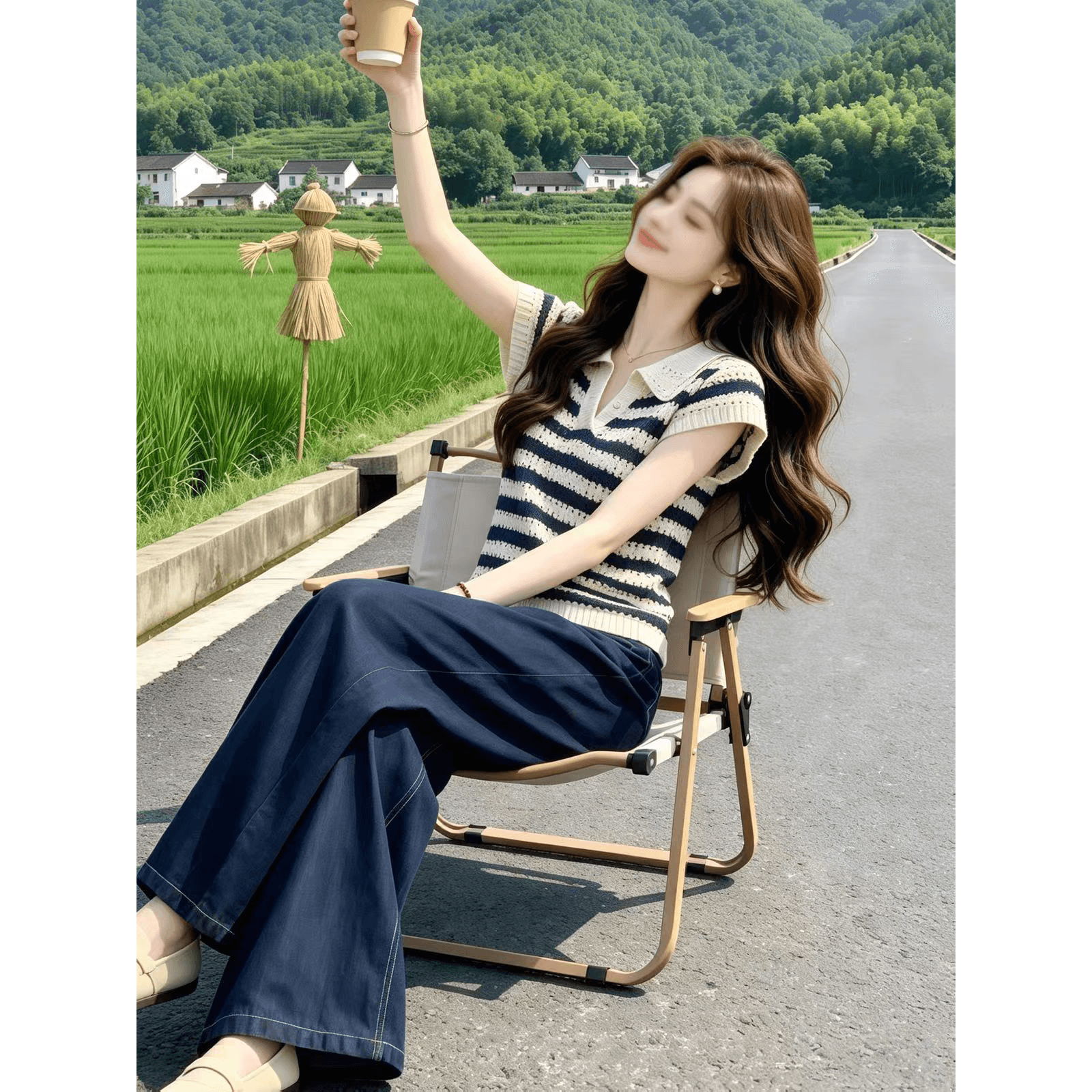 고급 센스 스트라이프 POLO 칼라 Feifei 소매 짠 셔츠 여성 여름 한국 스타일 홀로우 아웃 몸매 가꾸기 슬림해 보이는 다용도 연령 감소 맨위 이미지 5