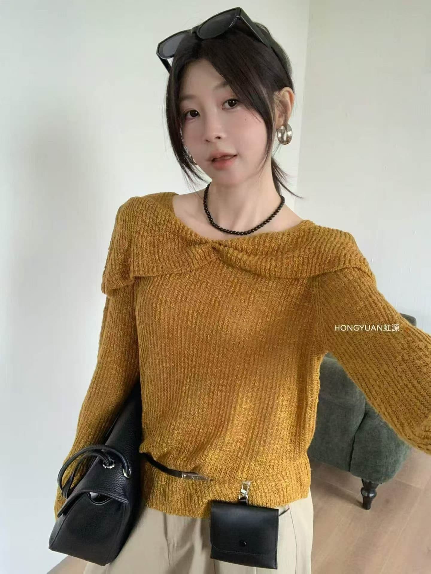 사슴 보기 안녕하세요. 프랑스식 빅 칼라 구덩이 기사 풀오버 스웨터 여자 봄 작은 대중 디자인 센스 니트 기본 셔츠 맨위 여성