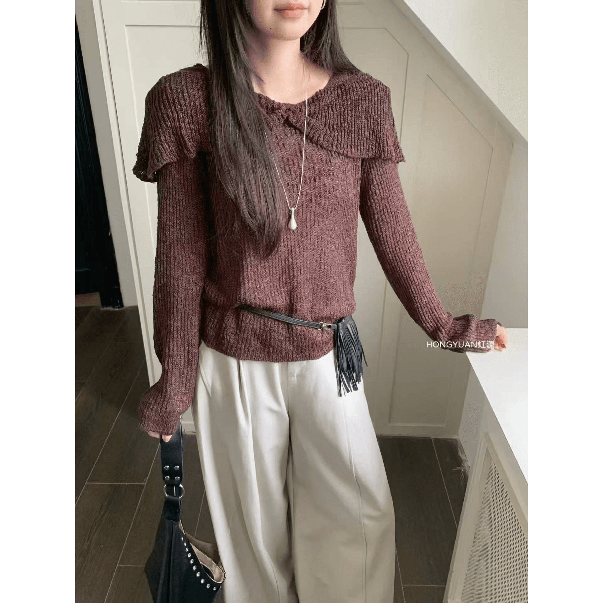 사슴 보기 안녕하세요. 프랑스식 빅 칼라 구덩이 기사 풀오버 스웨터 여자 봄 작은 대중 디자인 센스 니트 기본 셔츠 맨위 여성 이미지 5