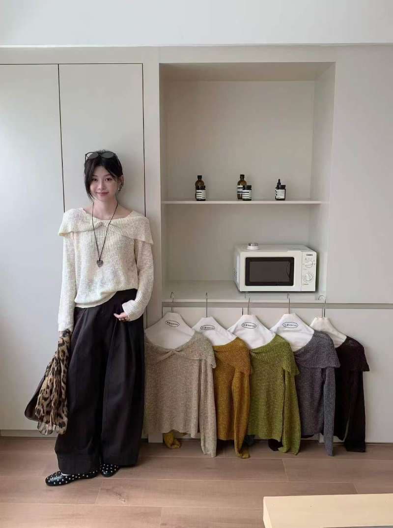 사슴 보기 안녕하세요. 프랑스식 빅 칼라 구덩이 기사 풀오버 스웨터 여자 봄 작은 대중 디자인 센스 니트 기본 셔츠 맨위 여성 상세 이미지 3