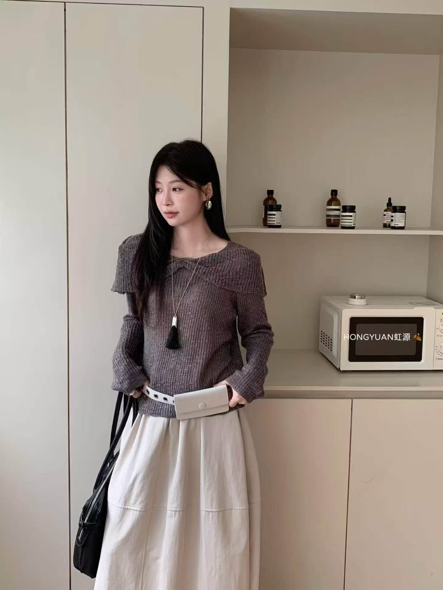 사슴 보기 안녕하세요. 프랑스식 빅 칼라 구덩이 기사 풀오버 스웨터 여자 봄 작은 대중 디자인 센스 니트 기본 셔츠 맨위 여성 상세 이미지 8