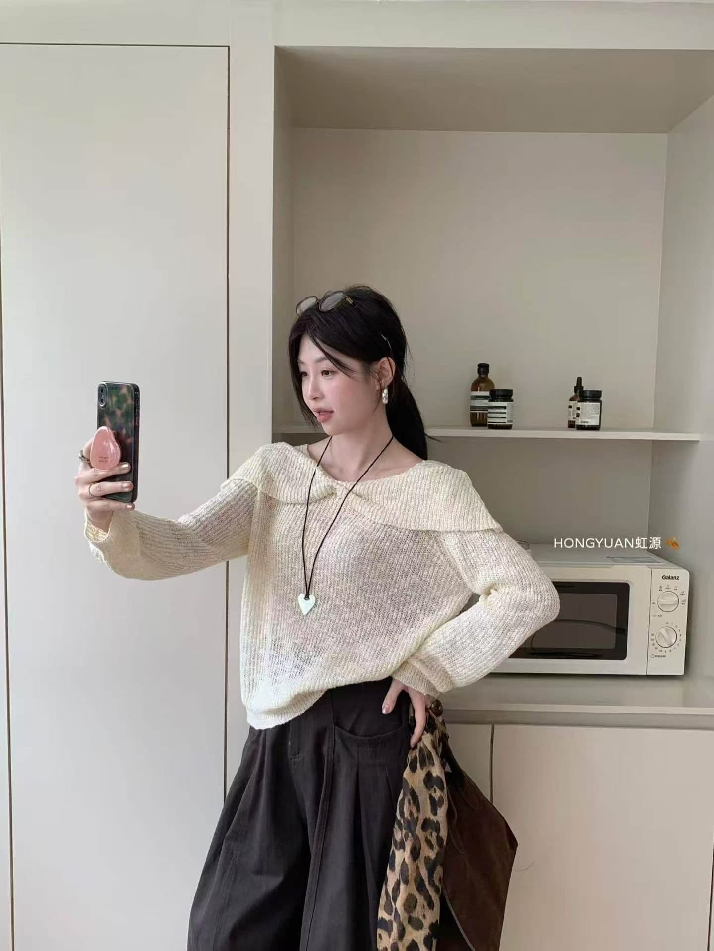 사슴 보기 안녕하세요. 프랑스식 빅 칼라 구덩이 기사 풀오버 스웨터 여자 봄 작은 대중 디자인 센스 니트 기본 셔츠 맨위 여성 상세 이미지 11
