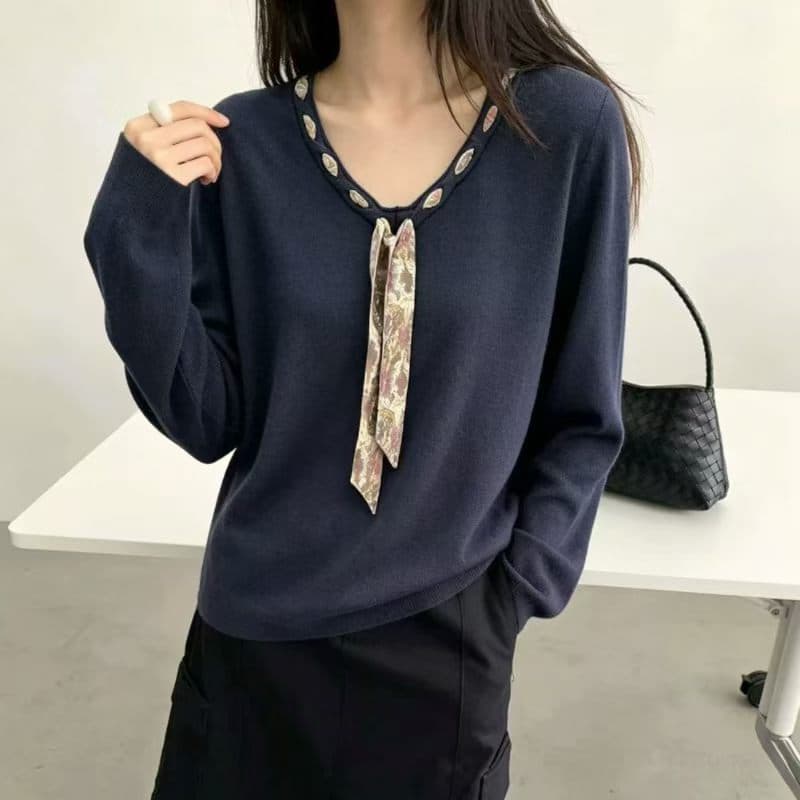 v 칼라 꽃무늬 리본 니트 맨위 배색 테두리 부드러운 바람 루즈핏 슬림해 보이는 긴팔 부드러운 찹쌀 만나는 맨위 상세 이미지 8