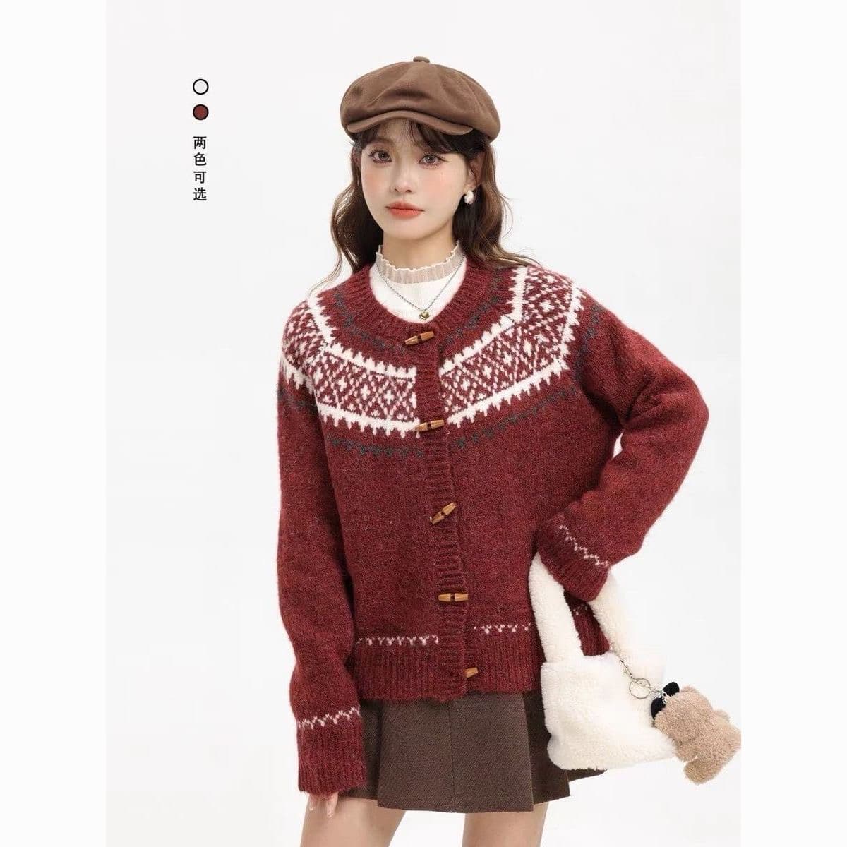 공정한 섬 자카드 스웨터 느긋한 바람 한 부서 달콤함 소뿔 버클 더블 색상 오픈 가디건 가을 겨울철 부드러운 찹쌀 루즈핏 재킷 상세 이미지 3