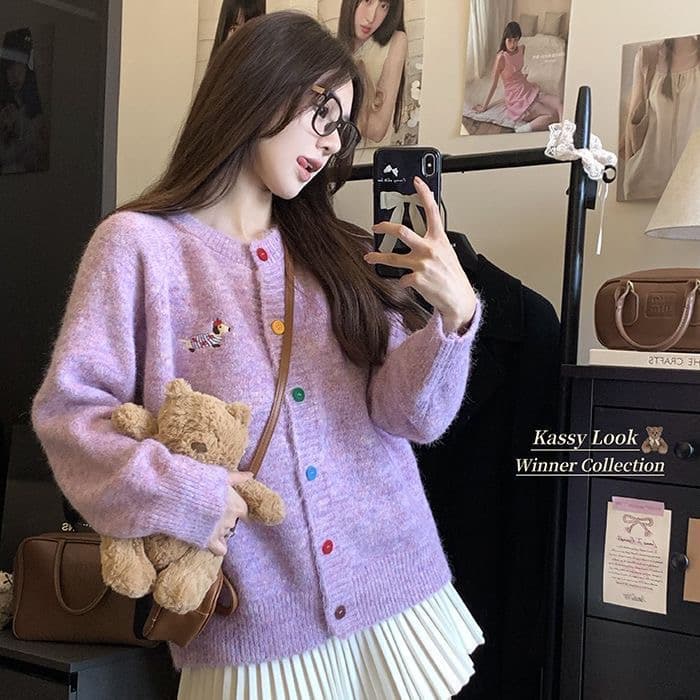 색상 버클 디자인 센스 만화 패턴 니트 오픈 가디건 스웨터 여자 가을 달콤함 부드러운 찹쌀 루즈핏 재킷 상세 이미지 1