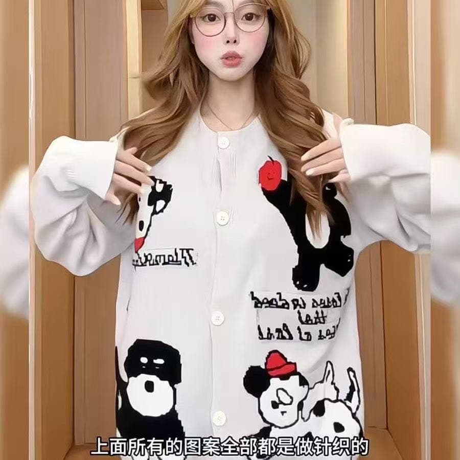 재미있는 만화 아메리칸 귀여운 강아지 스웨터 자수 카디건 코트 새로운 레트로 느긋한 루즈핏 니트 맨위 이미지 4