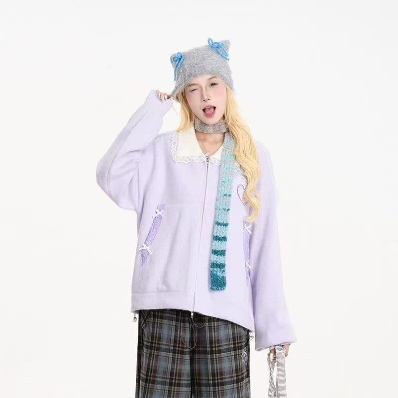 학원 스타일 작은 대중 레이스 조각 폴로 칼라 니트 오픈 가디건 여성 가을 겨울철 루즈핏 느긋한 바람 다용도 부드러운 찹쌀 스웨터 이미지 3