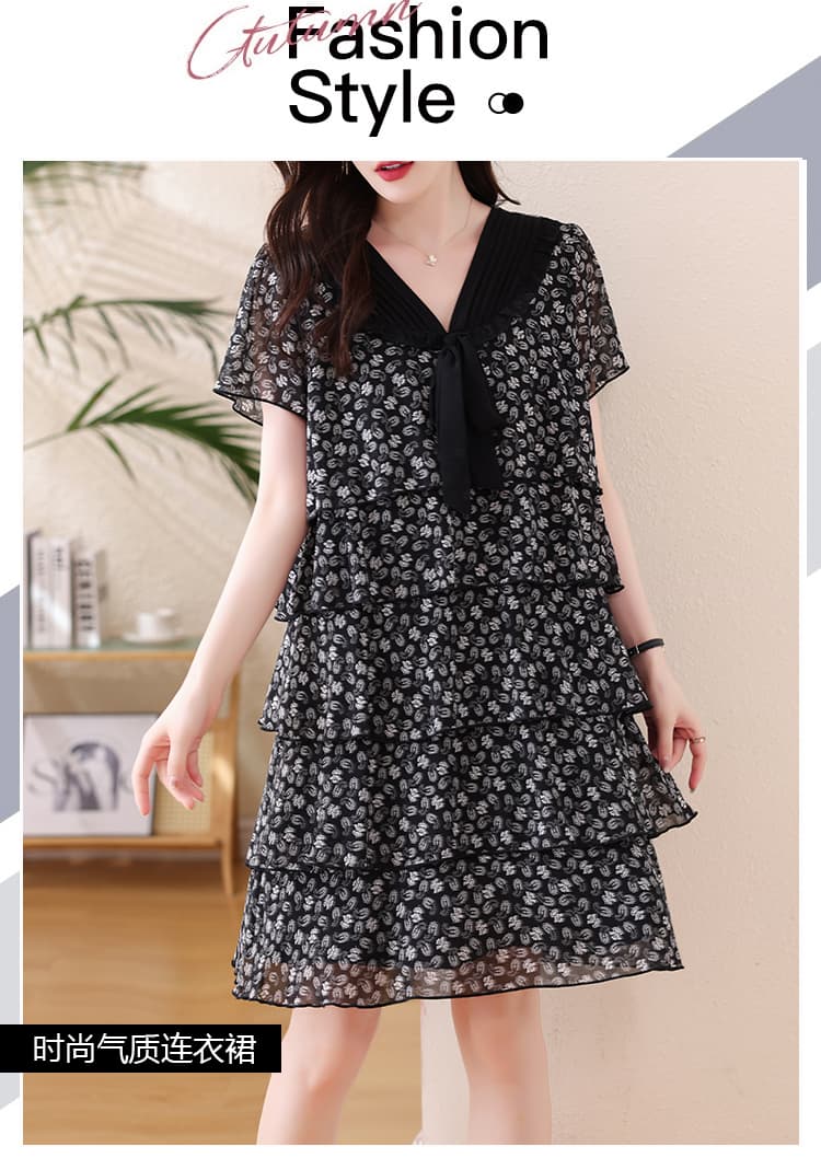 2026 여름 새로운 빅 사이즈 베이비 칼라 꽃무늬 쉬폰 드레스 지방 mm 표지 고기 슬림해 보이는 케이크 드레스 상세 이미지 4