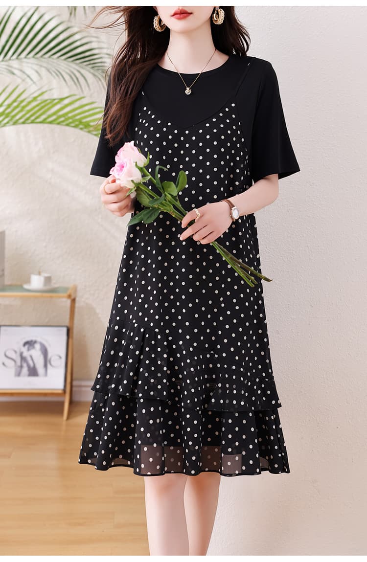 빅 사이즈 패션 도트 무늬 여성 드레스 2026 여름 새로운 통통한 여동생 페이크 레이어드 루즈핏 슬림해 보이는 쉬폰 스커트 상세 이미지 15
