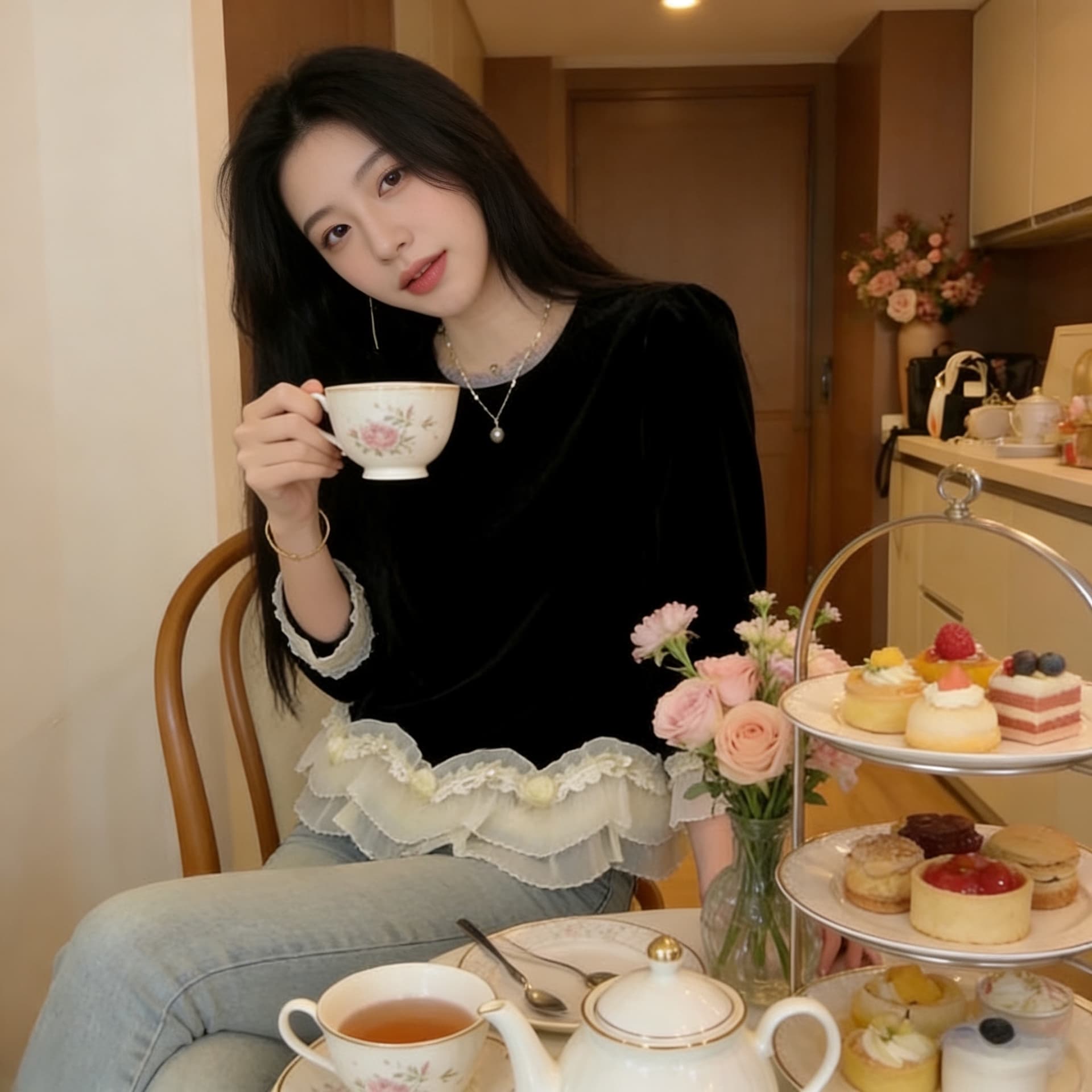 레이 레이 애인 이순신 꿈 벨벳 맨위 패치워크 디자인 꽃잎 주름 디자인 벨벳 맨위 88191 이미지 3