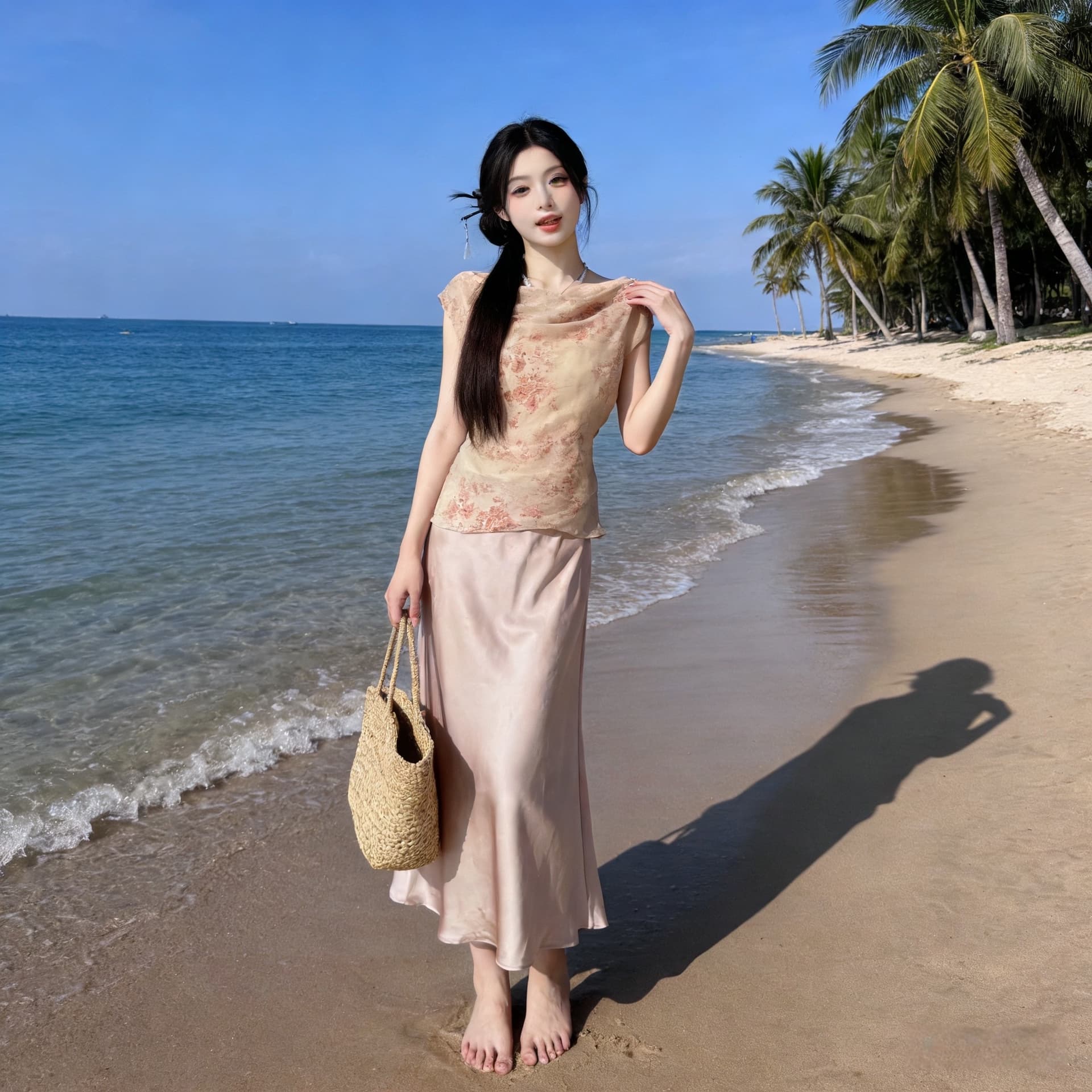 2026 새로운 여름 유리 종이 접기 낭만주의 작은 청신 흔들다 칼라 비스듬한 어깨 꽃무늬 허리 수축 맨위 인어 꼬리 반신 스커트 이미지 5