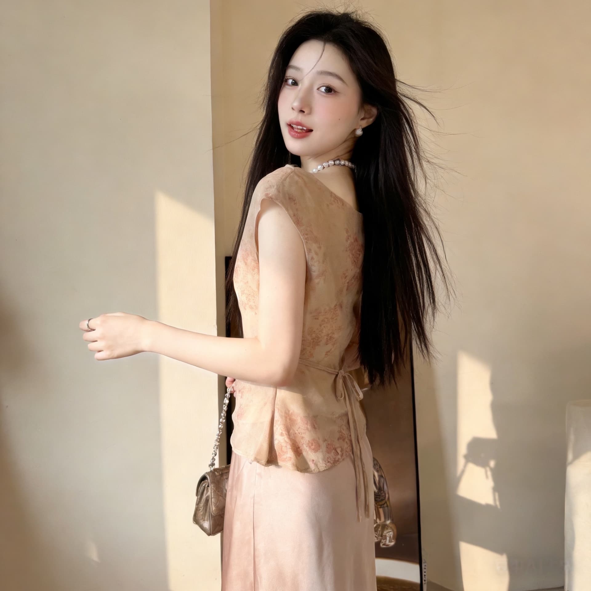 작은 청신 부드러운 세트 여성 비스듬한 어깨 꽃무늬 맨위 상세 이미지 7