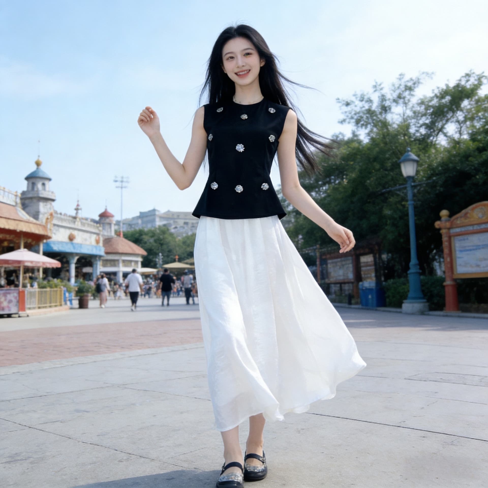 양 작은 볼륨 프랑스식 천 금빛 바람 3 차원 꽃 맨위 민소매 세트 상세 이미지 10