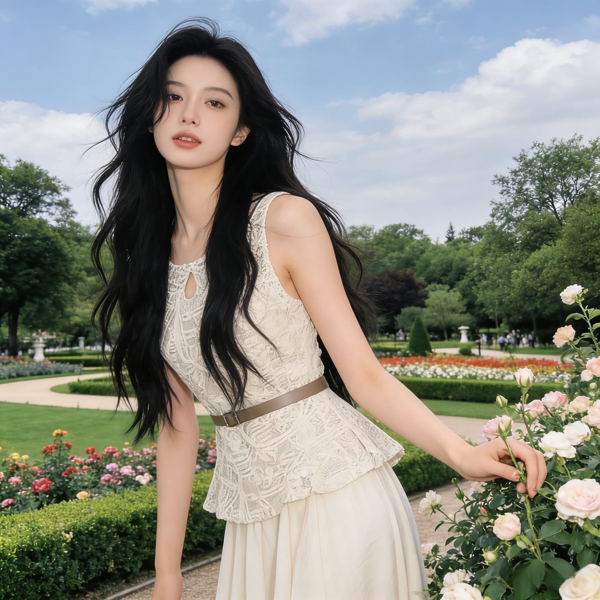 상점주인 실사 무쯔리 목자이 ~ 중 리 페어 뷰 화 장 프랑스식 빛 럭셔리 레이스 민소매 맨위 슬림해 보이는 반신 치마 세트 상세 이미지 6