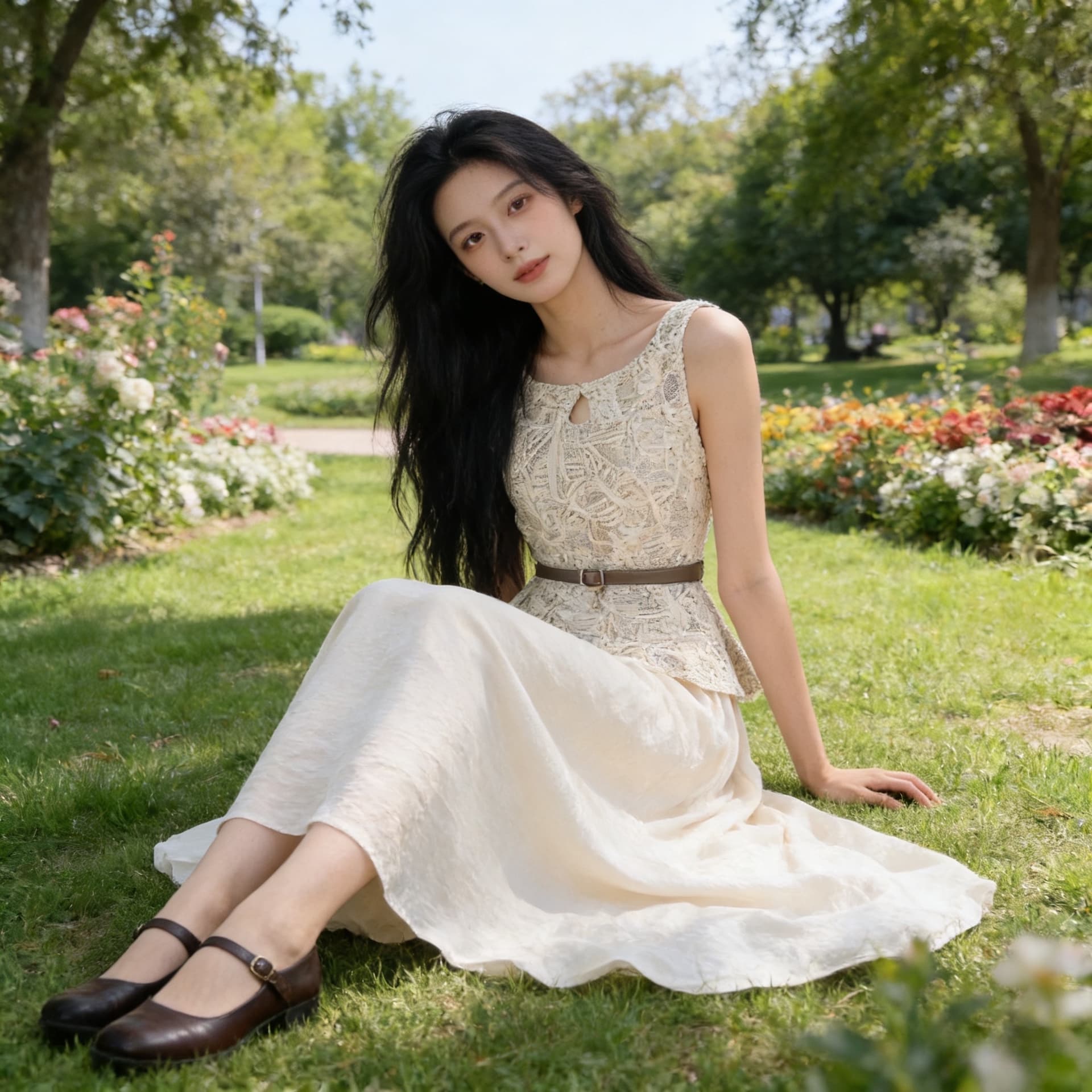 상점주인 실사 무쯔리 목자이 ~ 중 리 페어 뷰 화 장 프랑스식 빛 럭셔리 레이스 민소매 맨위 슬림해 보이는 반신 치마 세트 상세 이미지 13