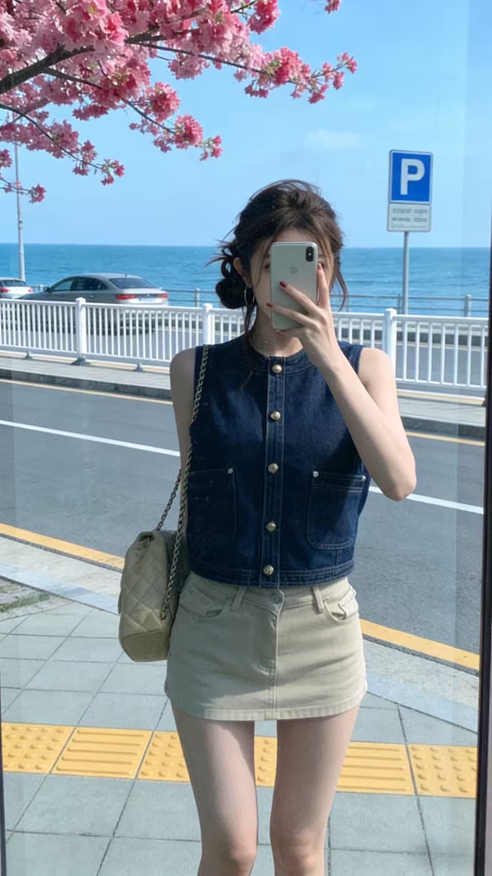 일본식 레트로 파란색 데님 조끼 여자 봄 가을 스택 착용 조끼 외부 가져 가라. 작은 키 어깨 조끼 민소매 맨위