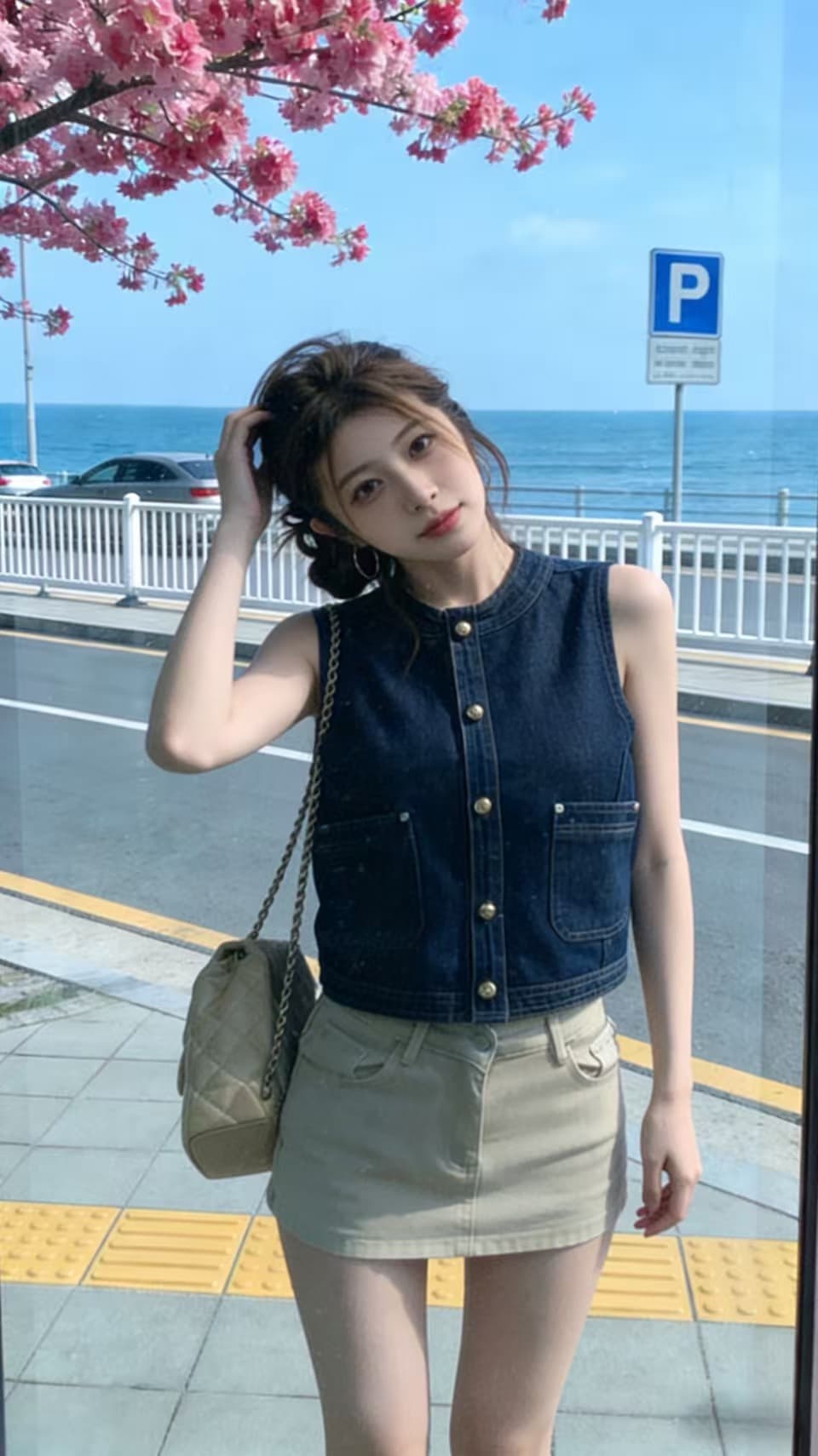 일본식 레트로 파란색 데님 조끼 여자 봄 가을 스택 착용 조끼 외부 가져 가라. 작은 키 어깨 조끼 민소매 맨위 이미지 4