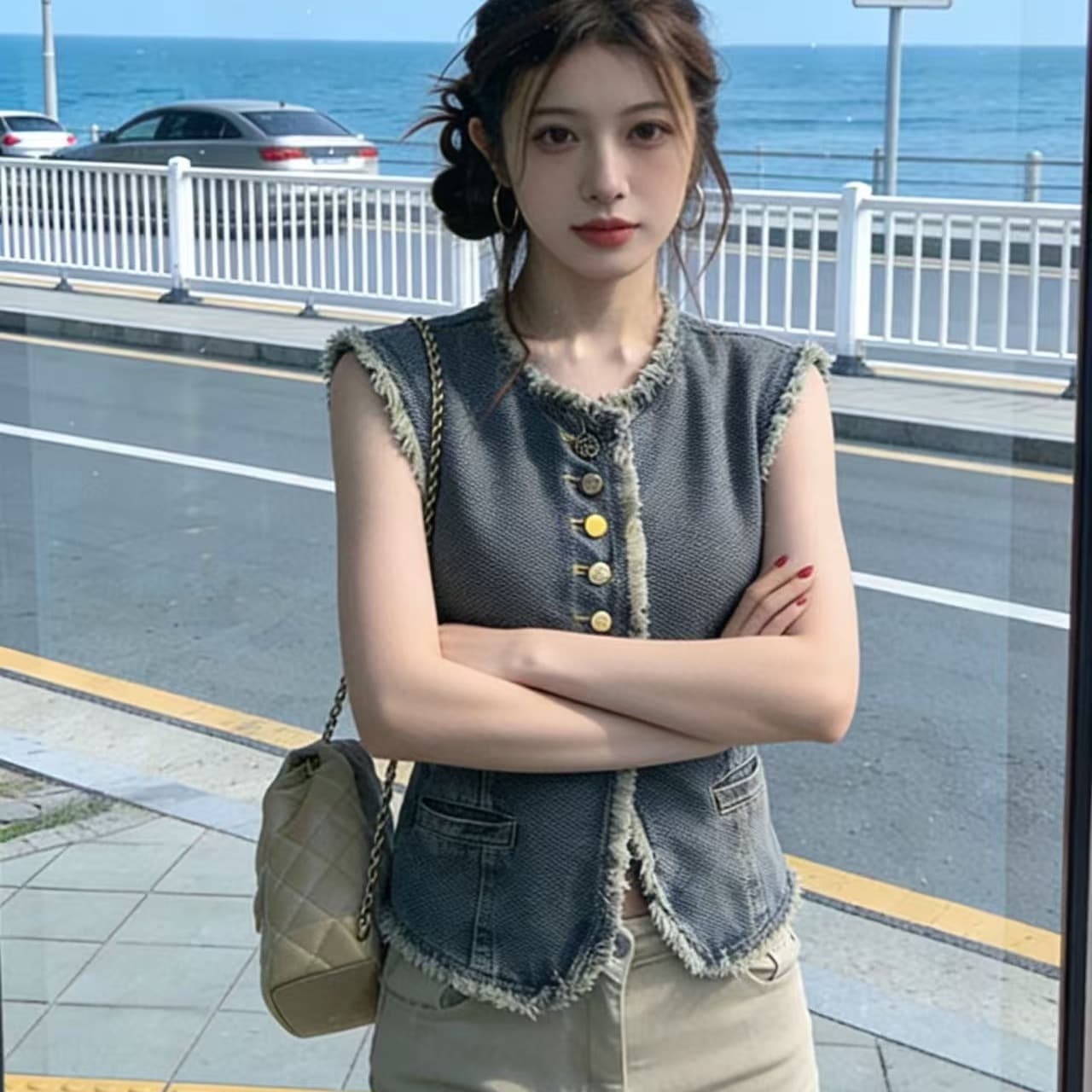 레트로 거친 가장자리 데님 베스트 여성 코트 가을 2026 새로운 세련된 외국 가스 루즈핏 민소매 어깨 조끼 조끼 이미지 5