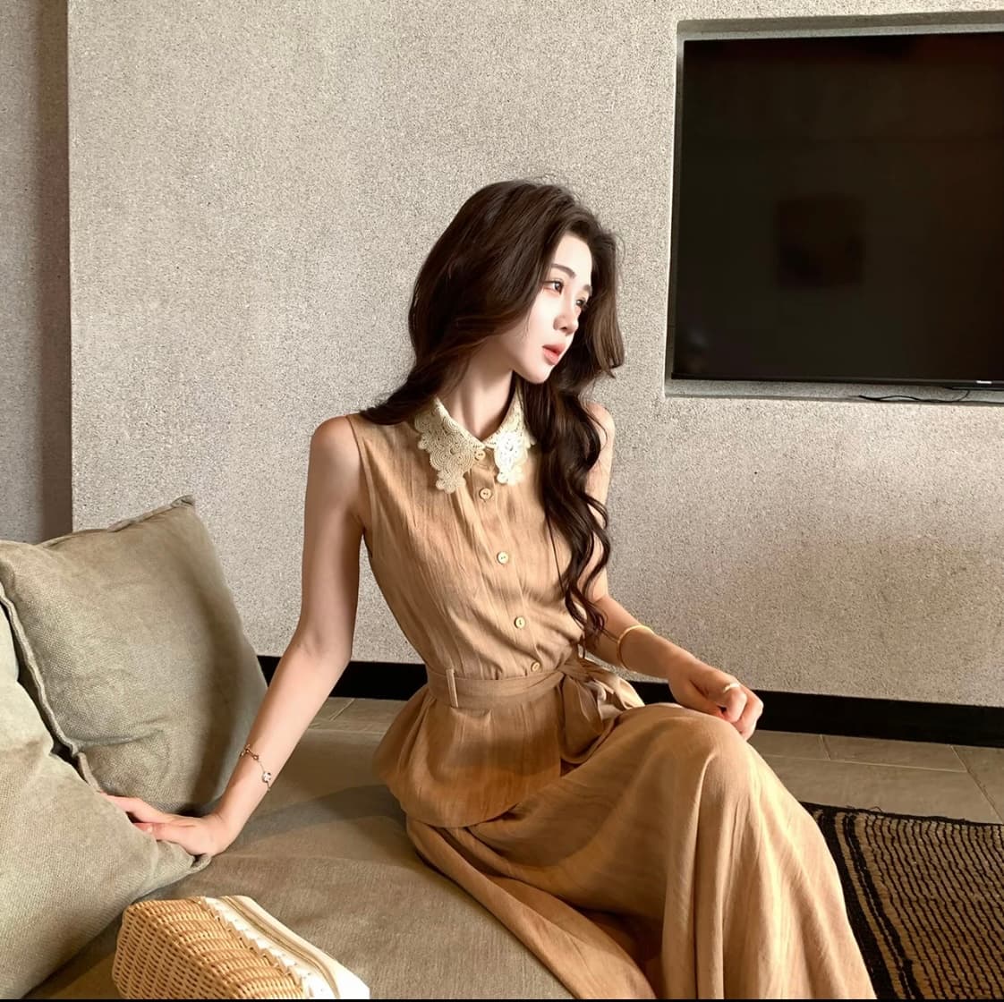 레트로 스타일 레이스 레이스 민소매 맨위 도루 센스 반신 스커트 아마 세트 상세 이미지 1