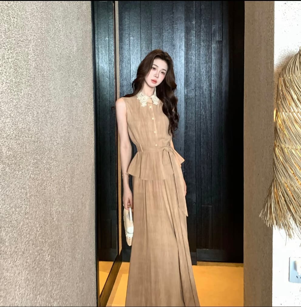 레트로 스타일 레이스 레이스 민소매 맨위 도루 센스 반신 스커트 아마 세트 상세 이미지 2