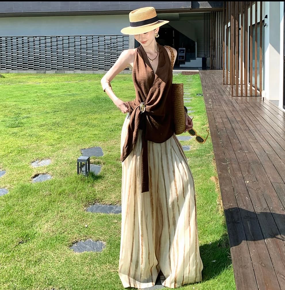 휴가 바람 세트 여성 여름 운남 달리 여행 V넥 행침 목 민소매 조끼 코디 와이드 레그 팬츠 투피스 세트 상세 이미지 1