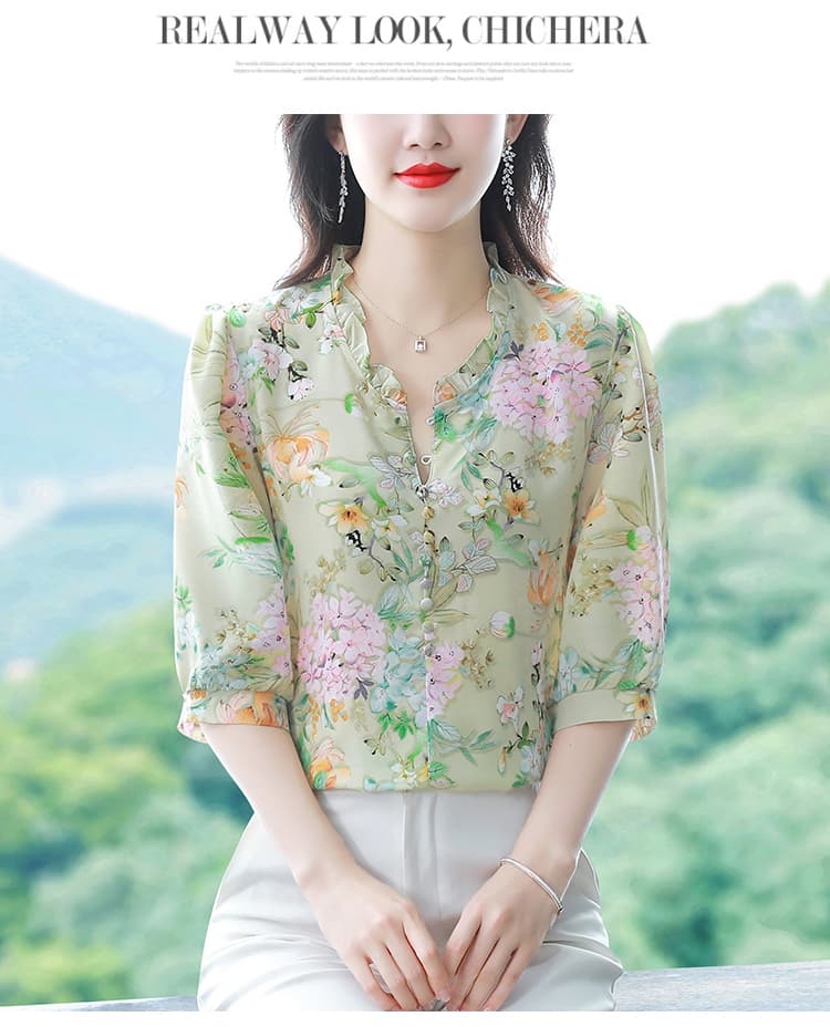 실사 상 꽃 크레이프 중간 소매 맨위 여성 여름 2026 새로운 루즈핏 V넥 꽃무늬 연령 감소 표지 배 외국 가스 작은 셔츠 상세 이미지 29