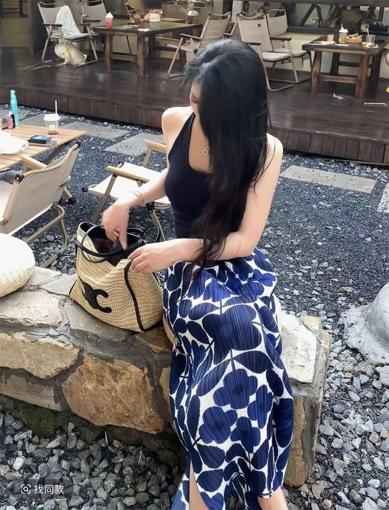 주름 질감 작은 대중 기하학 꽃 프린트 반신 스커트 여성 하이웨이스트 도루 센스 중간 길이 품격 슬림해 보이는 문예 바람 상세 이미지 4