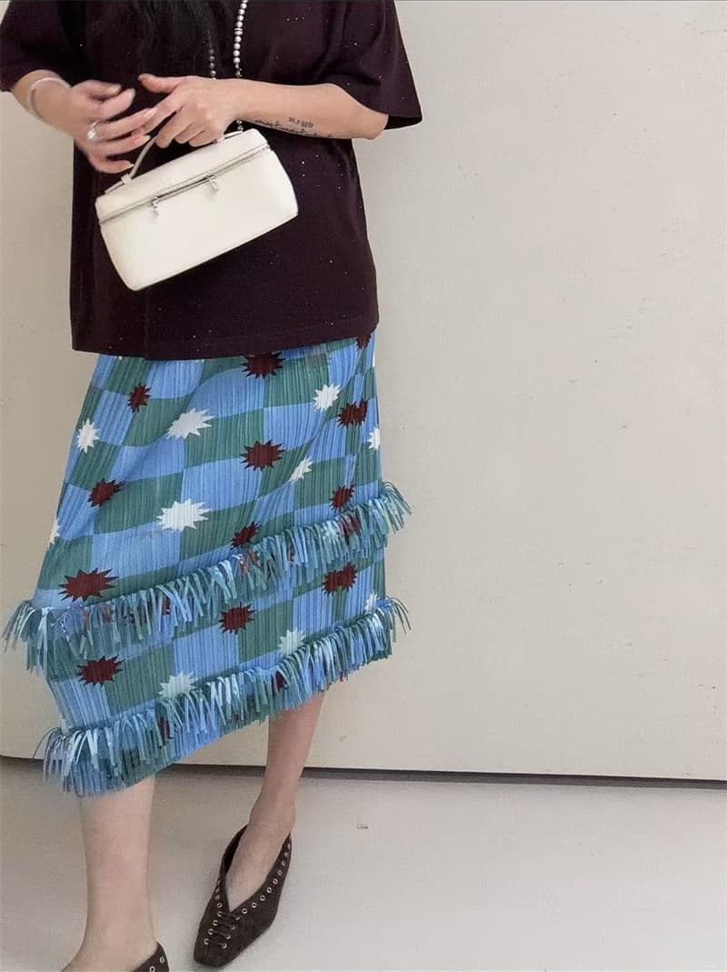 블루 Pleat 스타 망 여름 레트로 두 개의 레이어 붓다 술 주름 체크무늬 반 스커트 상세 이미지 3