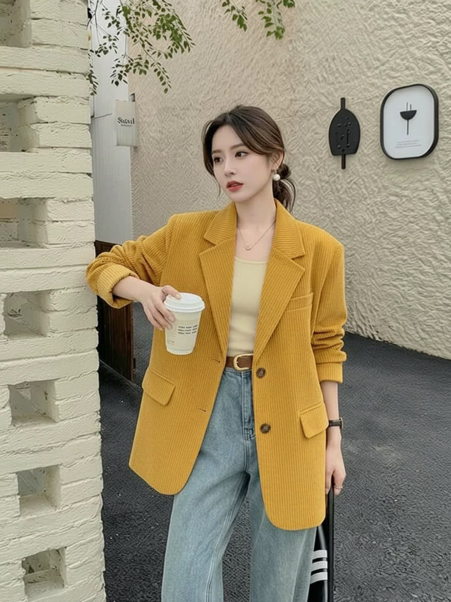 황색 코듀로이 정장 여성 코트 품격 세련된 외국 가스 한 부서 있음 질감 슈퍼 패션 코치 아름다운 맨위 상세 이미지 1