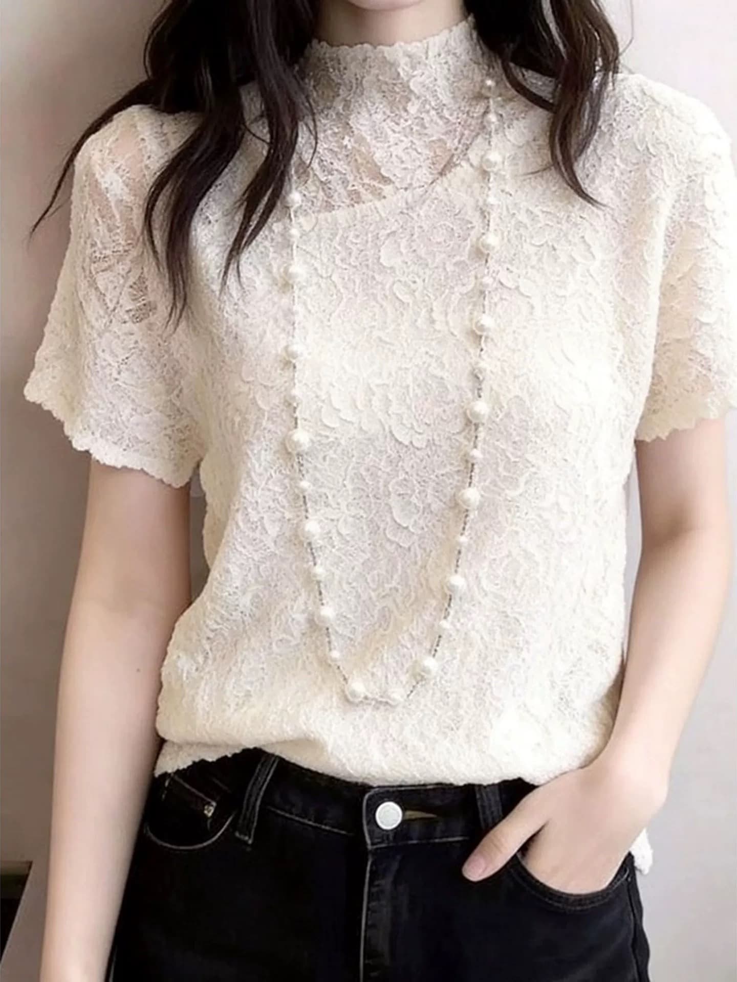 레이스 조각 맨위 여성 빛 요리 한 프랑스식 바람 품격 슬림해 보이는 시간 아직도 느낌 착용 가져 가라. 슬림해 보이는 2026 년 여름 새로운 이미지 2