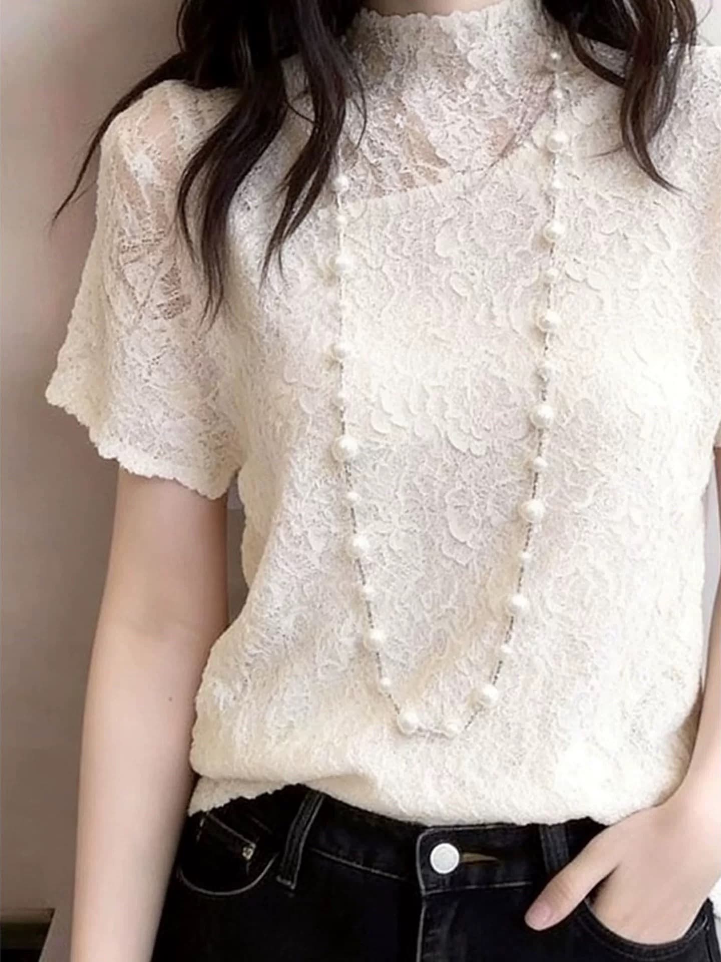 레이스 조각 맨위 여성 빛 요리 한 프랑스식 바람 품격 슬림해 보이는 시간 아직도 느낌 착용 가져 가라. 슬림해 보이는 2026 년 여름 새로운 이미지 3