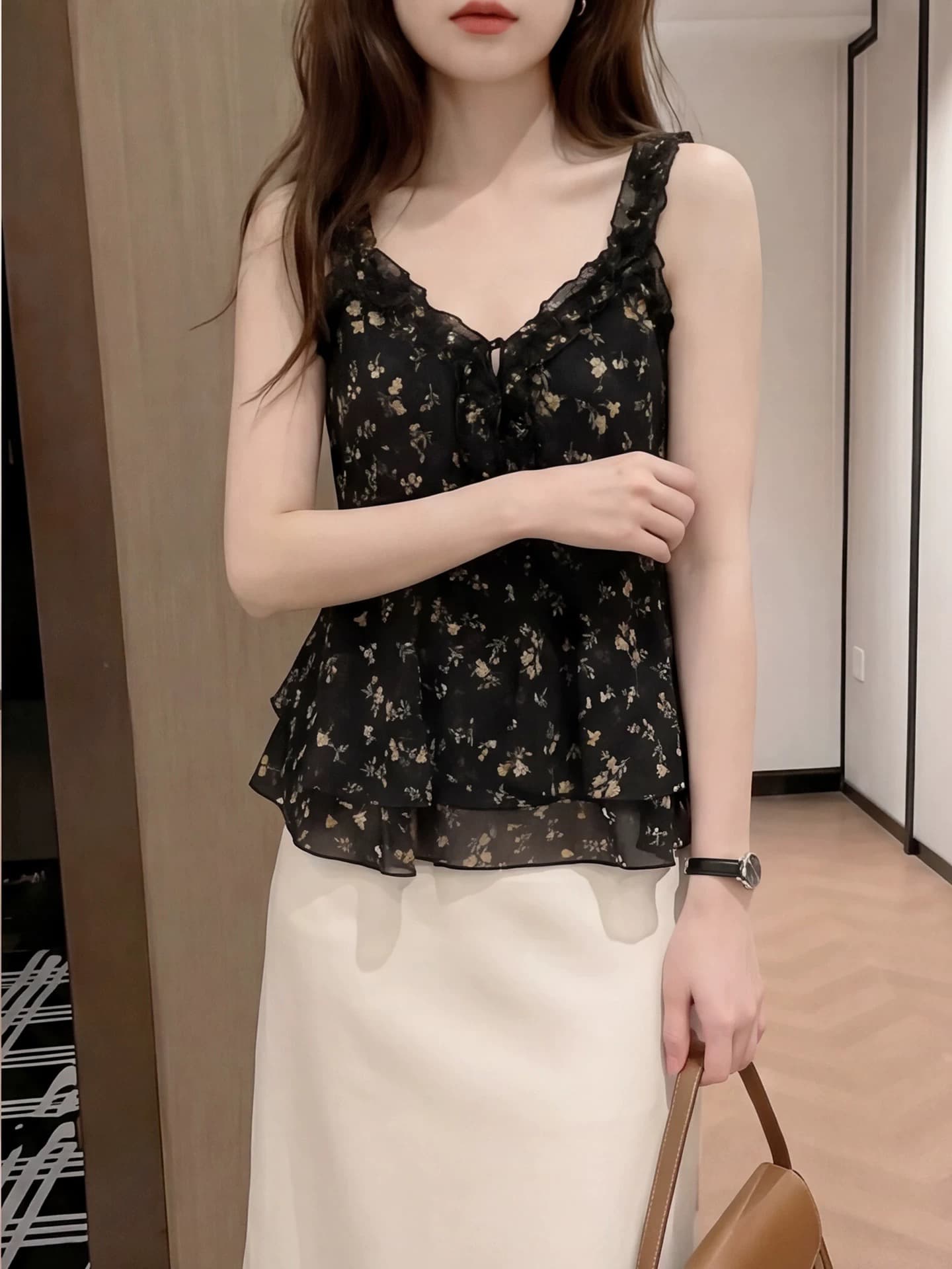 검정색 프랑스식 꽃무늬 조끼 여성 의류 여름 고급 센스 자이언트 잘 생긴 ~ 중 뒤로 홀로우 아웃 민소매 작은 슬링 맨위 상세 이미지 5