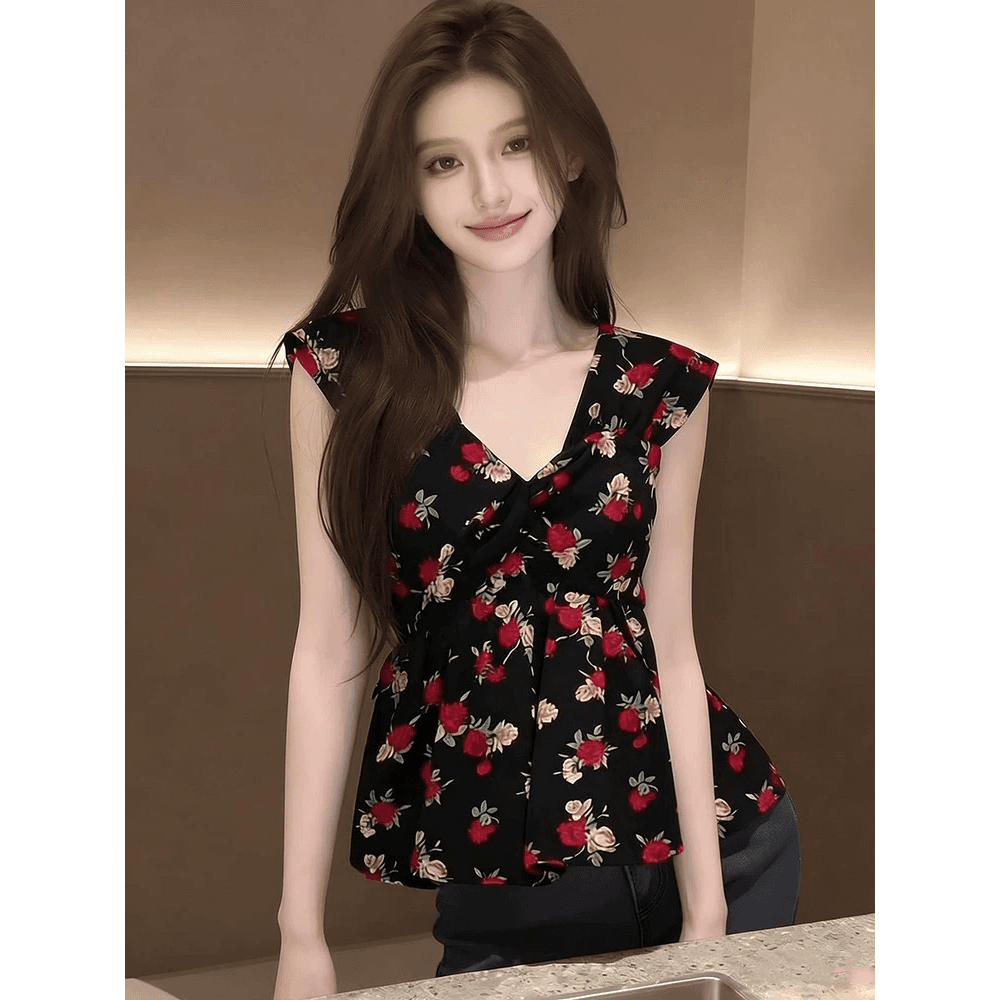 프랑스식 레트로 V넥 꽃무늬 조끼 여성 여름 새로운 민소매 몸매 가꾸기 슬림해 보이는 연령 감소 디자인 센스 다용도 맨위 이미지 5