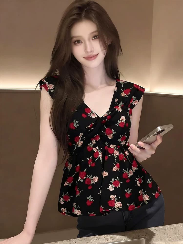 프랑스식 레트로 V넥 꽃무늬 조끼 여성 여름 새로운 민소매 몸매 가꾸기 슬림해 보이는 연령 감소 디자인 센스 다용도 맨위 상세 이미지 3