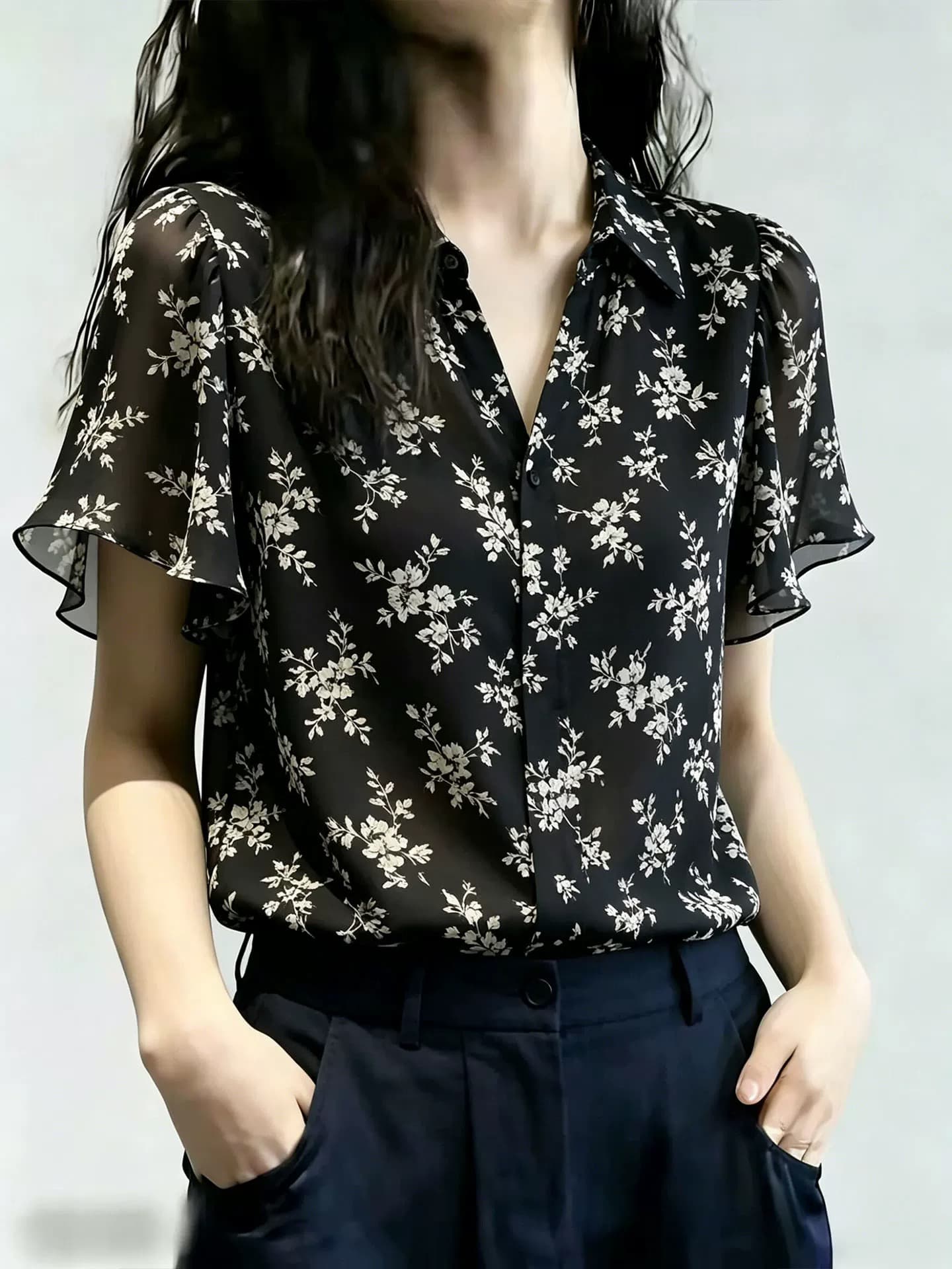 빛 요리 한 바람 검정색 꽃무늬 반팔 맨위 여성 2026 여름 새로운 루즈핏 슬림해 보이는 세련된 연령 감소 빅 사이즈 착용 가져 가라. 이미지 2