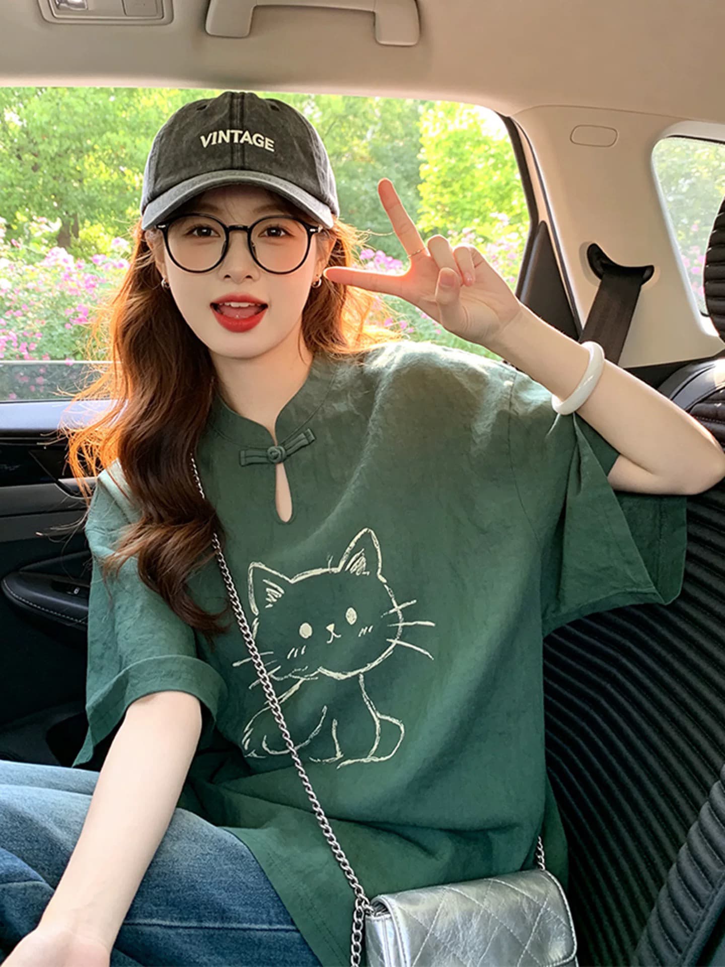 새로운 중식 짙은 녹색 면 린넨 반팔 티셔츠 여성 당나라 한푸 국풍 단추 막대기 그림 고양이 프린트 맨위
