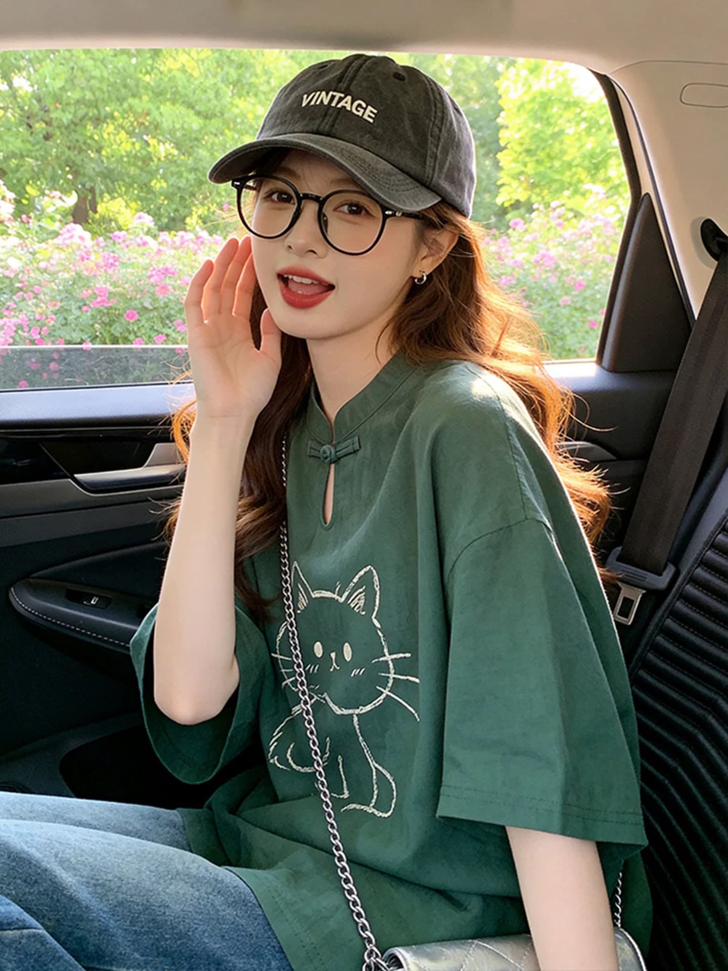 새로운 중식 짙은 녹색 면 린넨 반팔 티셔츠 여성 당나라 한푸 국풍 단추 막대기 그림 고양이 프린트 맨위 이미지 4