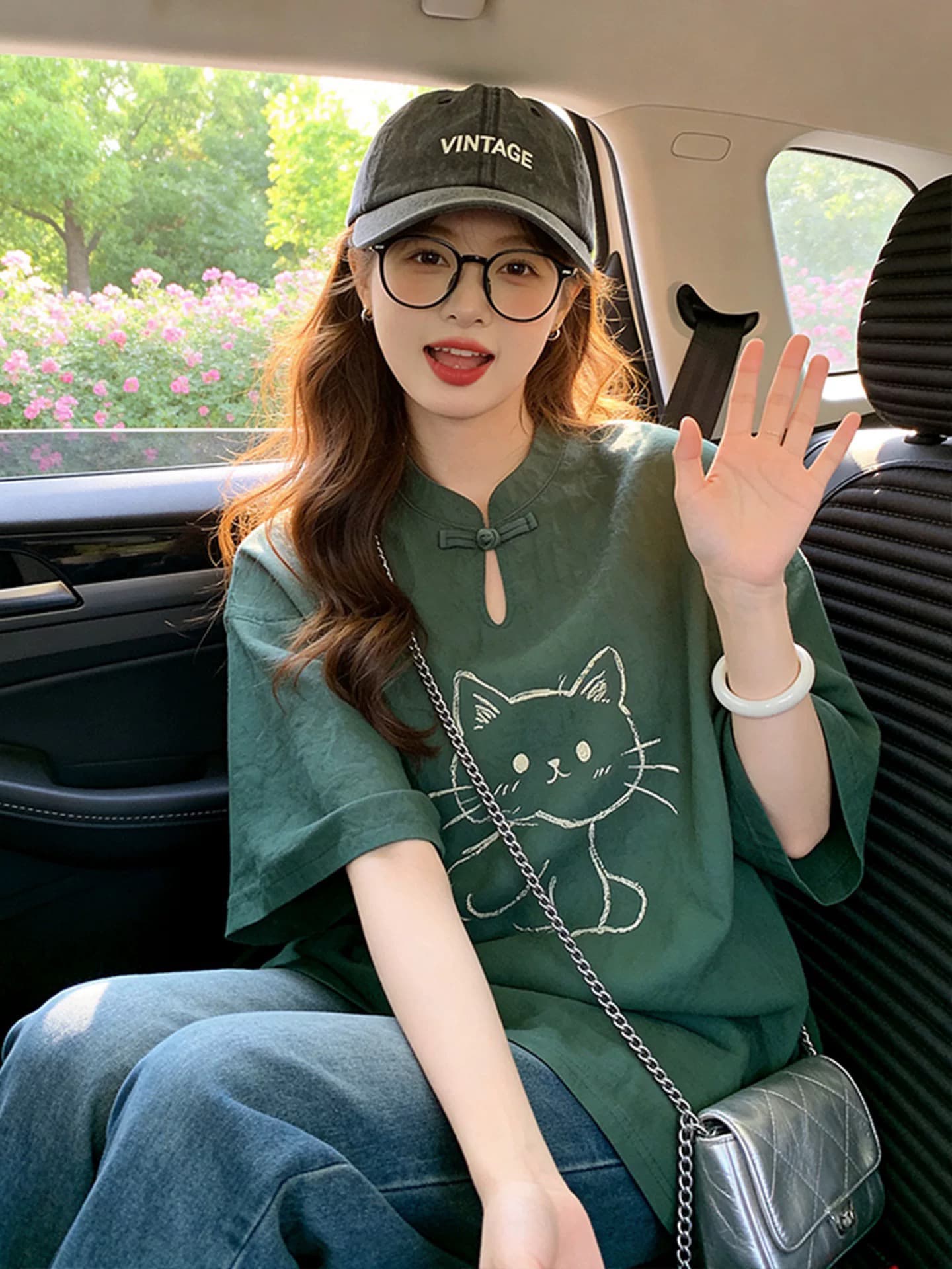새로운 중식 짙은 녹색 면 린넨 반팔 티셔츠 여성 당나라 한푸 국풍 단추 막대기 그림 고양이 프린트 맨위 상세 이미지 1