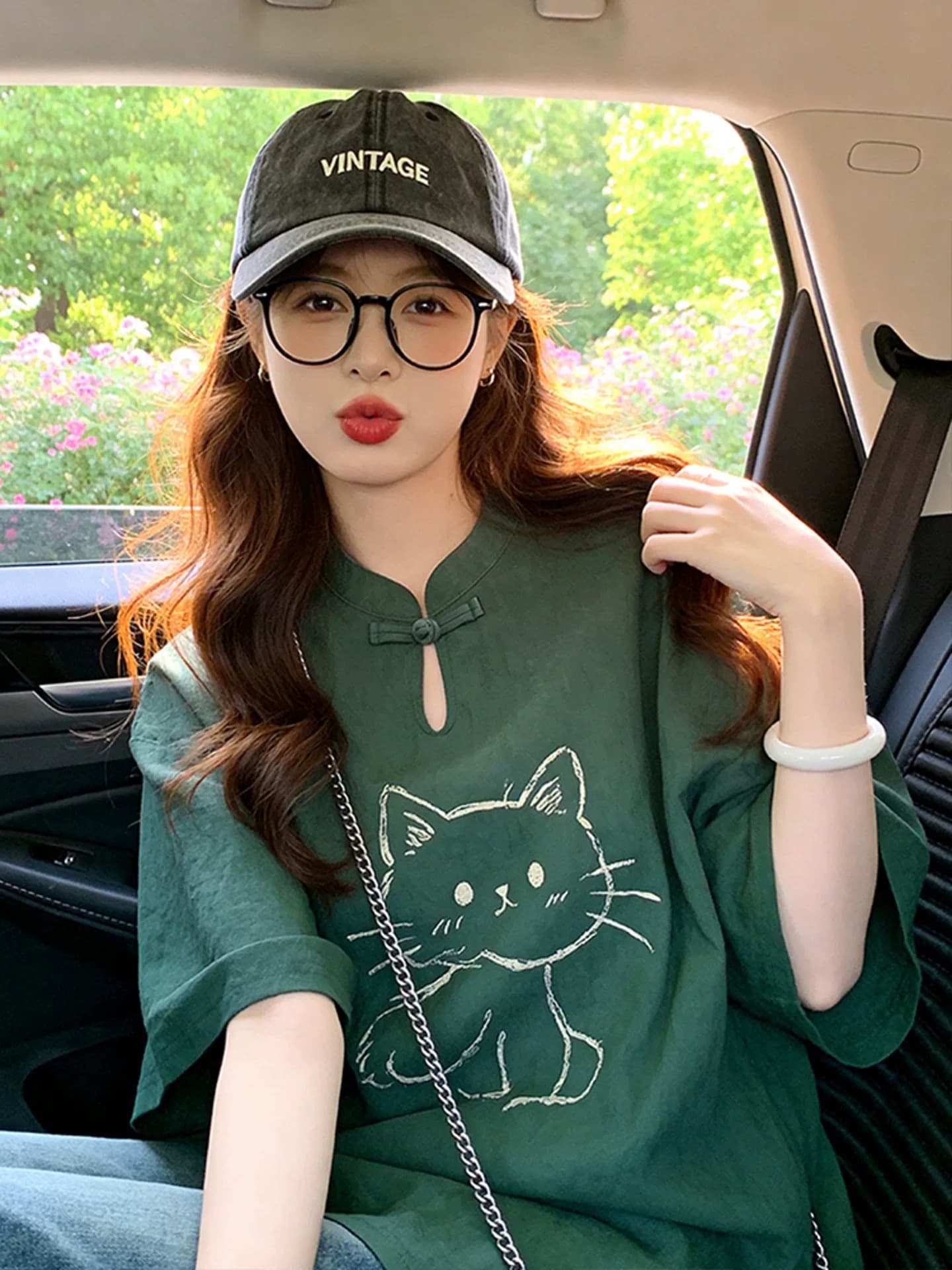 새로운 중식 짙은 녹색 면 린넨 반팔 티셔츠 여성 당나라 한푸 국풍 단추 막대기 그림 고양이 프린트 맨위 상세 이미지 3