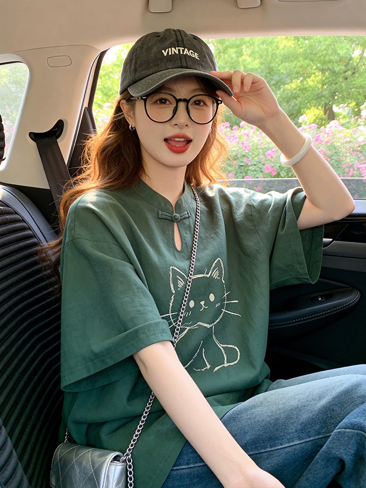 새로운 중식 짙은 녹색 면 린넨 반팔 티셔츠 여성 당나라 한푸 국풍 단추 막대기 그림 고양이 프린트 맨위 상세 이미지 6