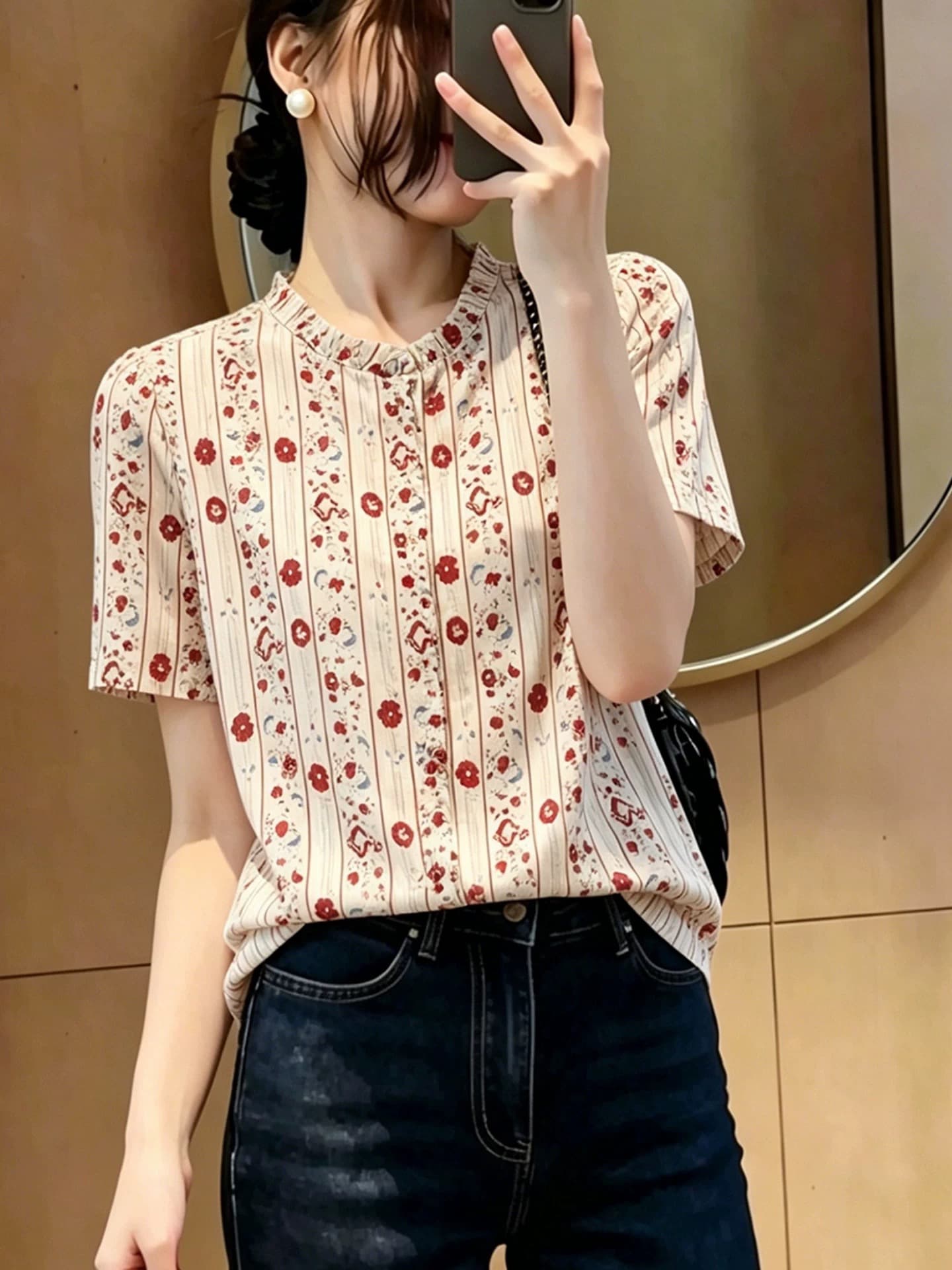출퇴근 착용 가져 가라. 쉬폰 여성 셔츠 여름 슈퍼 화재 연령 감소 프린트 반팔 여성 품격 프릴 칼라 맨위 여름