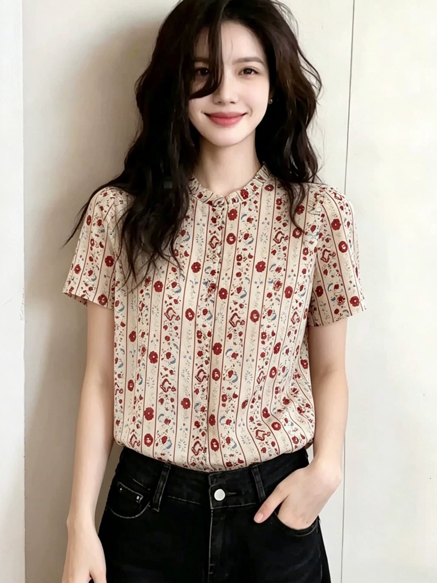 출퇴근 착용 가져 가라. 쉬폰 여성 셔츠 여름 슈퍼 화재 연령 감소 프린트 반팔 여성 품격 프릴 칼라 맨위 여름 이미지 4