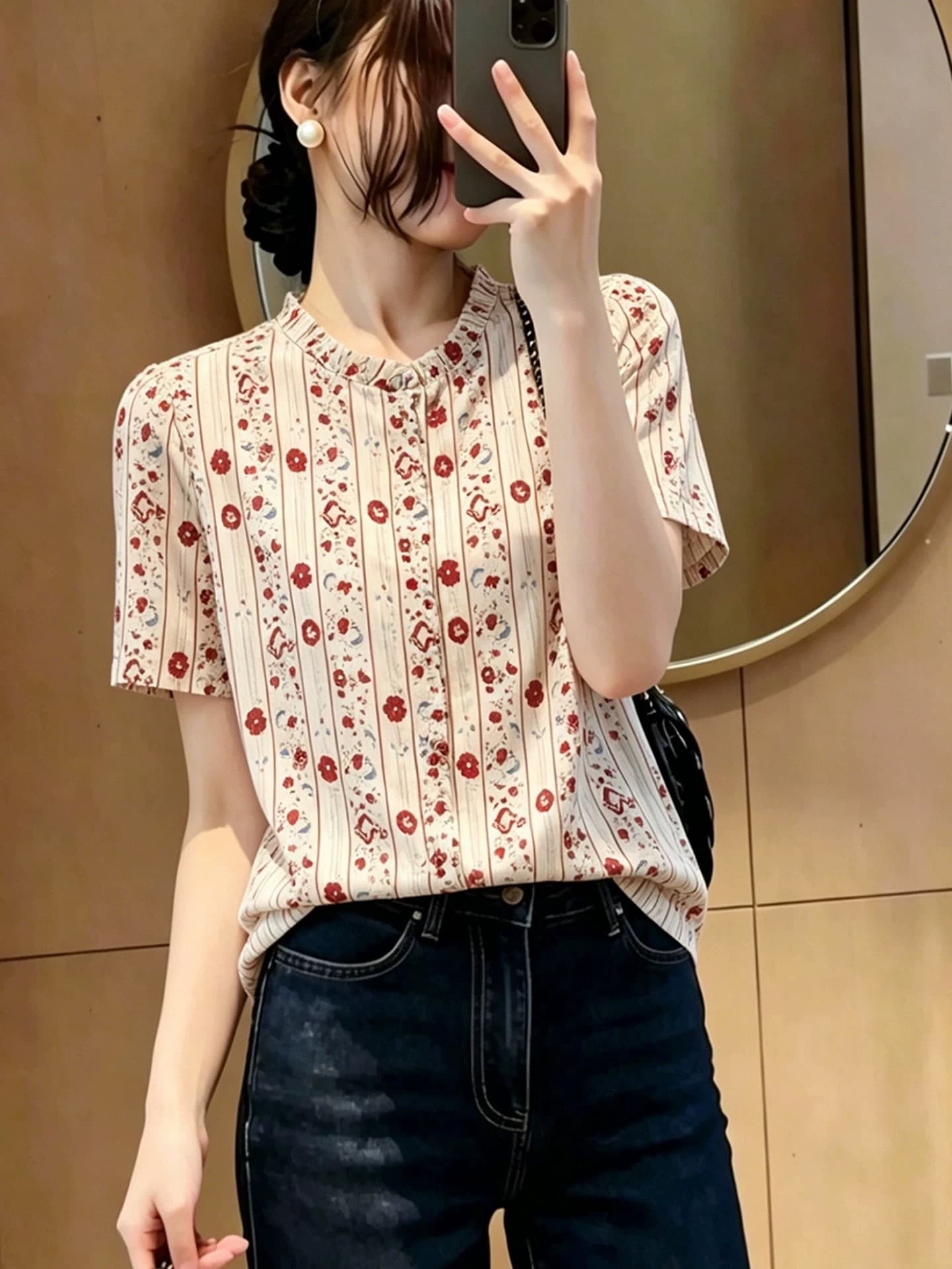 출퇴근 착용 가져 가라. 쉬폰 여성 셔츠 여름 슈퍼 화재 연령 감소 프린트 반팔 여성 품격 프릴 칼라 맨위 여름 상세 이미지 5