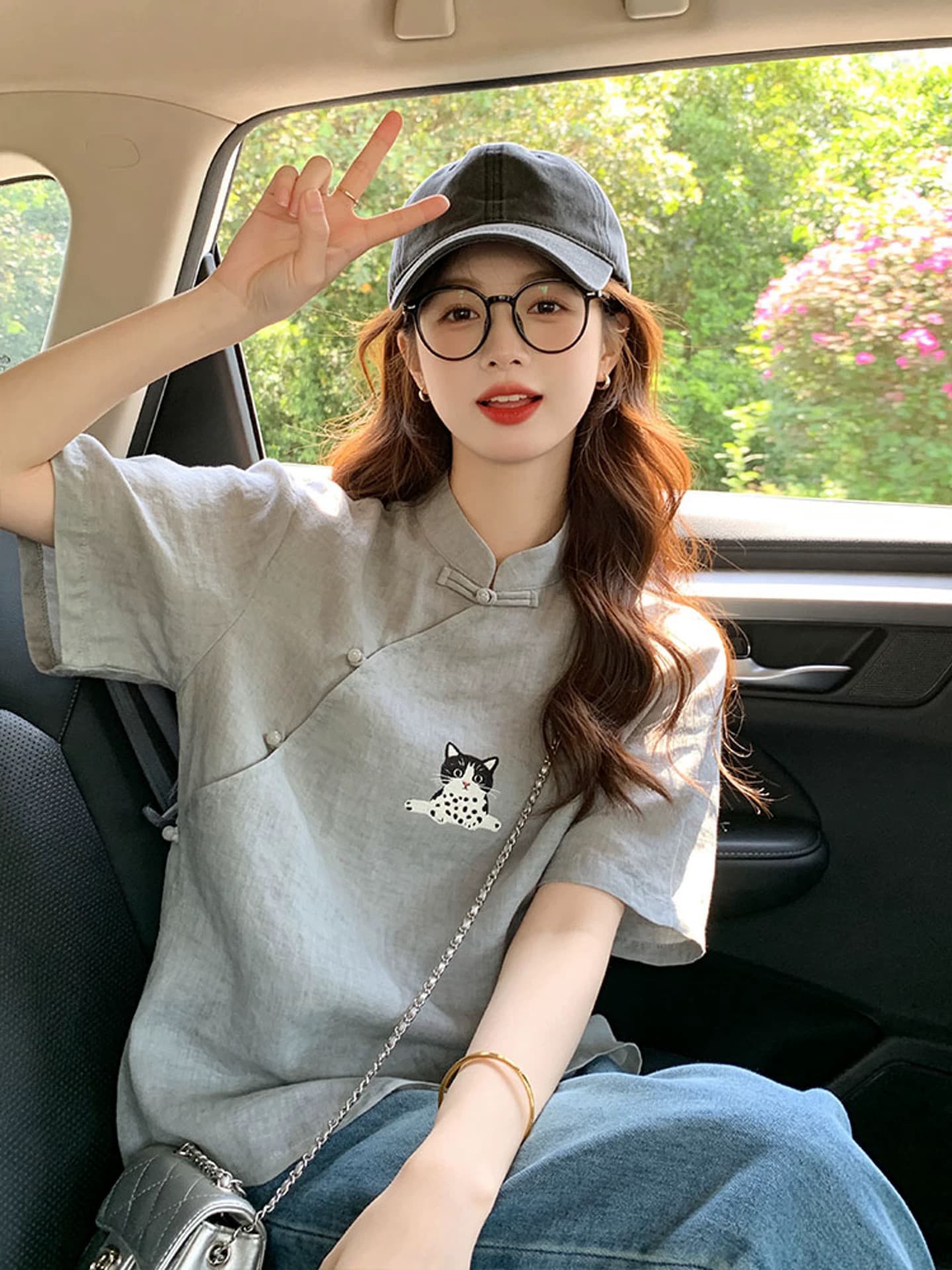 회색 면 린넨 새끼 고양이 반팔 티셔츠 중식 국풍 여성 의류 2026 새로운 개선 당나라 비스듬한 襟 단추 맨위