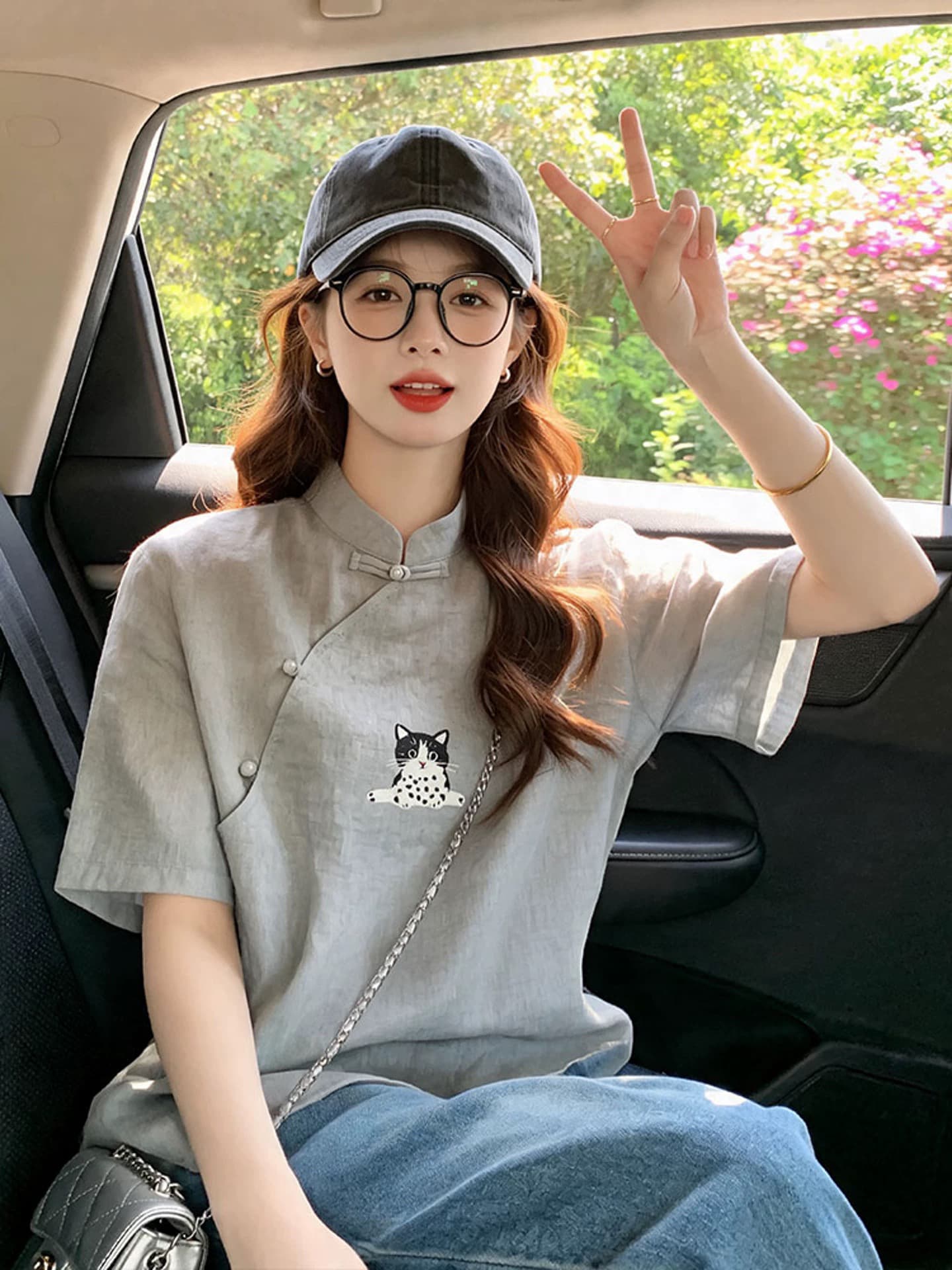 회색 면 린넨 새끼 고양이 반팔 티셔츠 중식 국풍 여성 의류 2026 새로운 개선 당나라 비스듬한 襟 단추 맨위 이미지 3