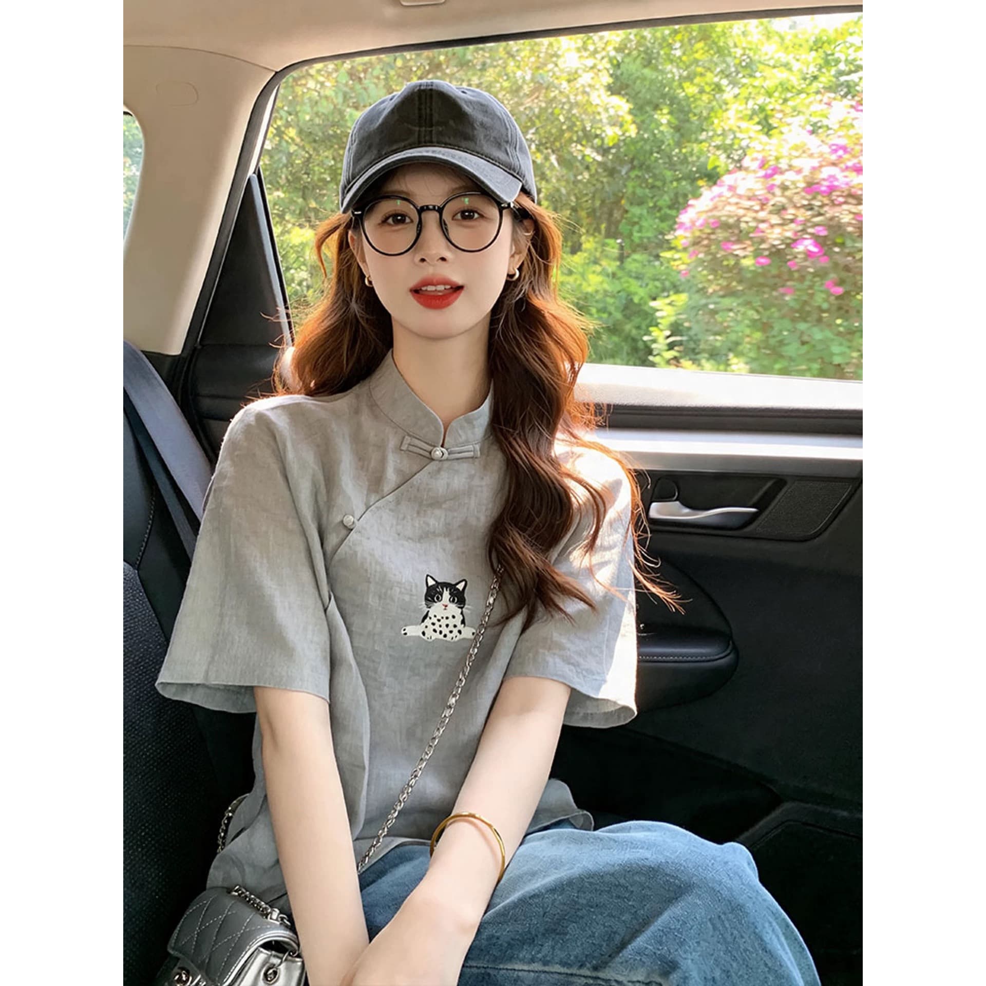 회색 면 린넨 새끼 고양이 반팔 티셔츠 중식 국풍 여성 의류 2026 새로운 개선 당나라 비스듬한 襟 단추 맨위 이미지 5