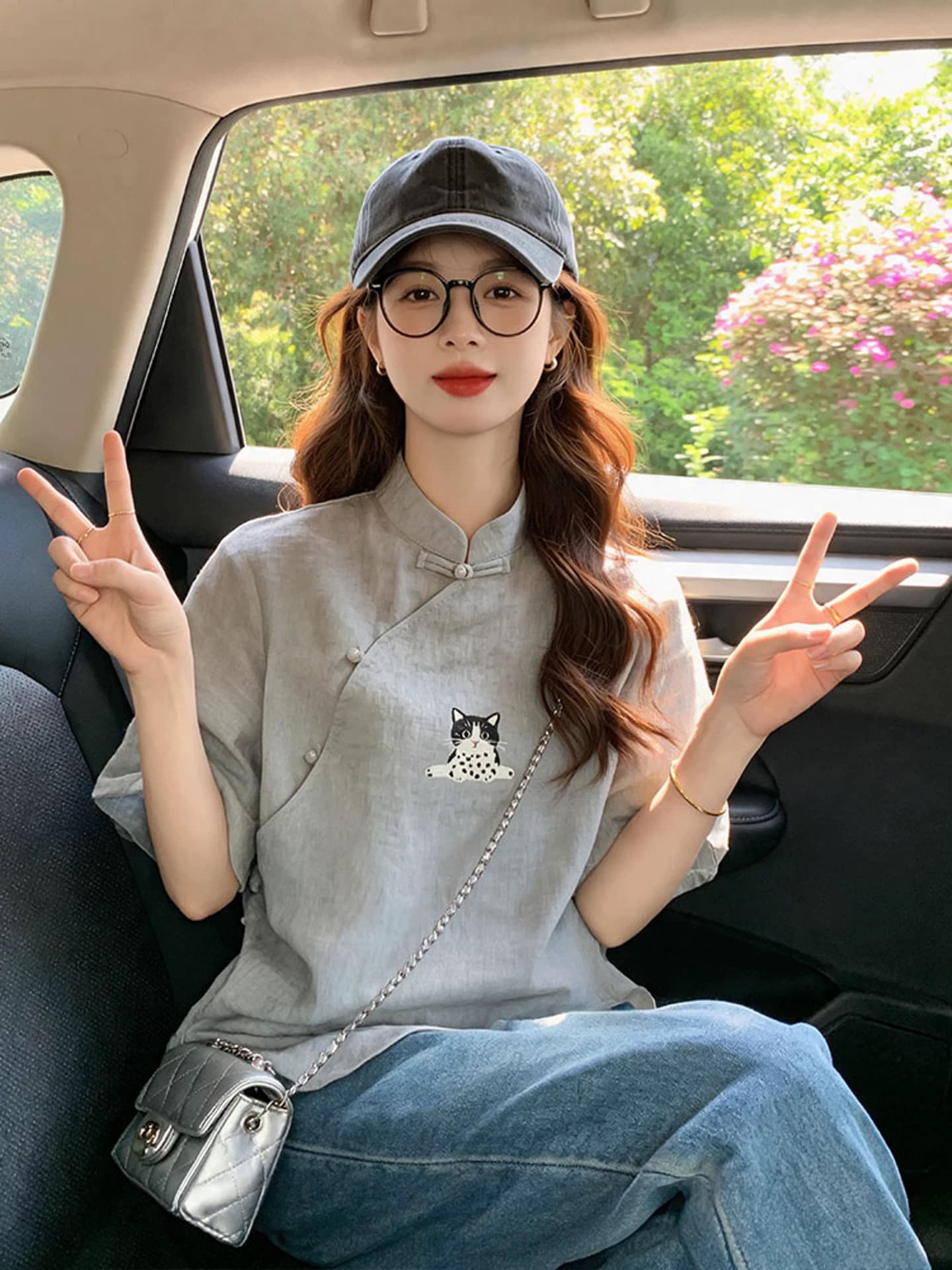 회색 면 린넨 새끼 고양이 반팔 티셔츠 중식 국풍 여성 의류 2026 새로운 개선 당나라 비스듬한 襟 단추 맨위 상세 이미지 2