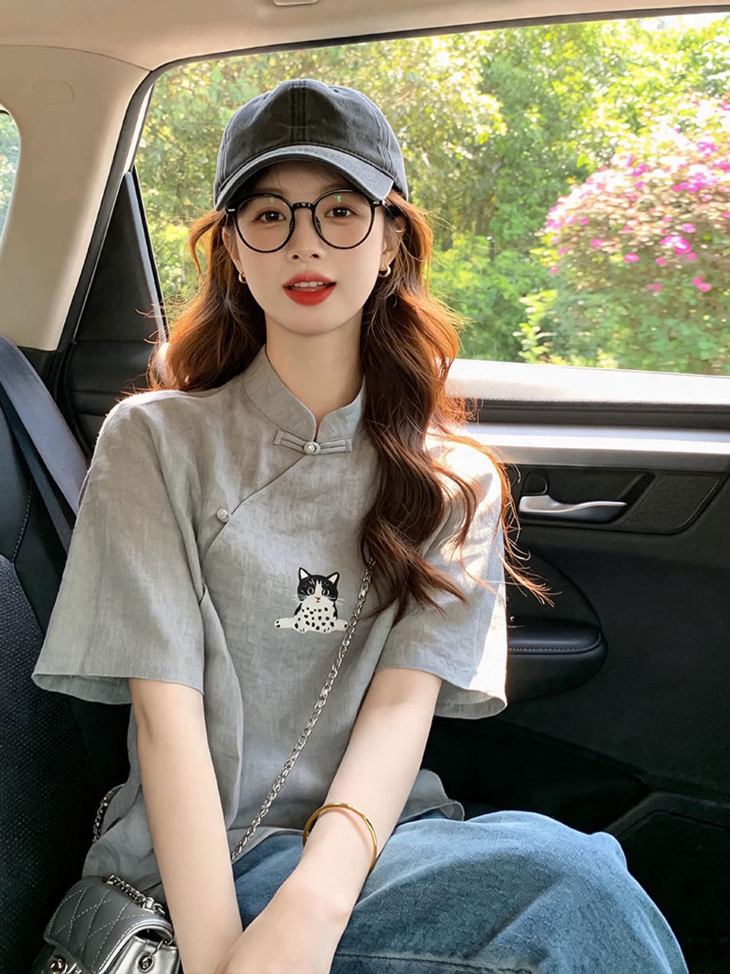 회색 면 린넨 새끼 고양이 반팔 티셔츠 중식 국풍 여성 의류 2026 새로운 개선 당나라 비스듬한 襟 단추 맨위 상세 이미지 3